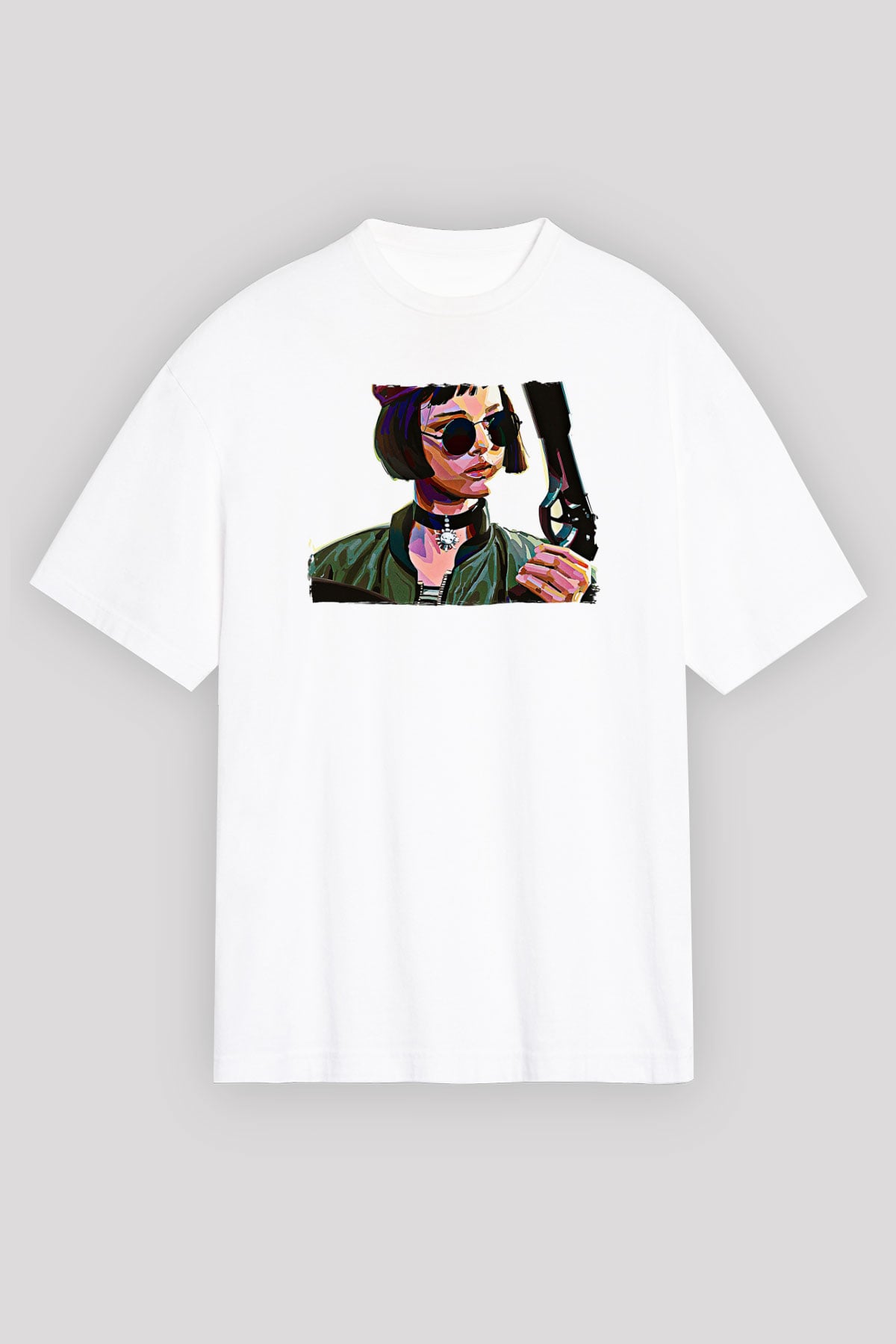 Leon Baskılı Beyaz Unisex Oversize Tişört - Tshirt
