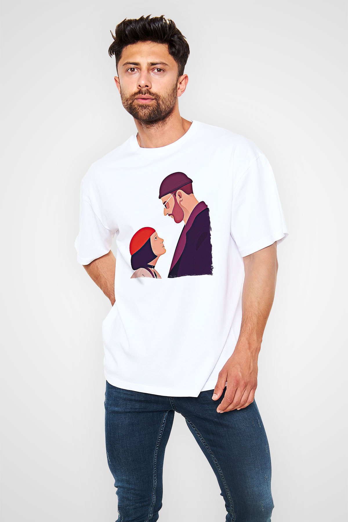 Leon Baskılı Beyaz Unisex Oversize Tişört - Tshirt
