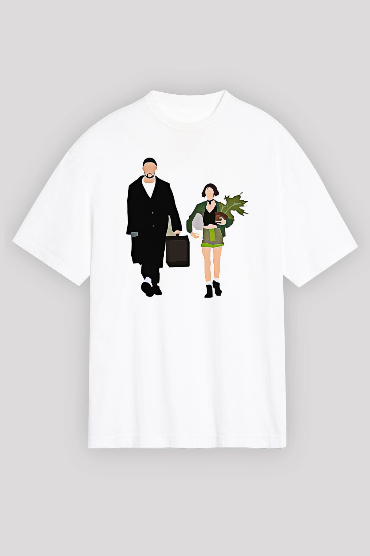 Leon Baskılı Beyaz Unisex Oversize Tişört - Tshirt