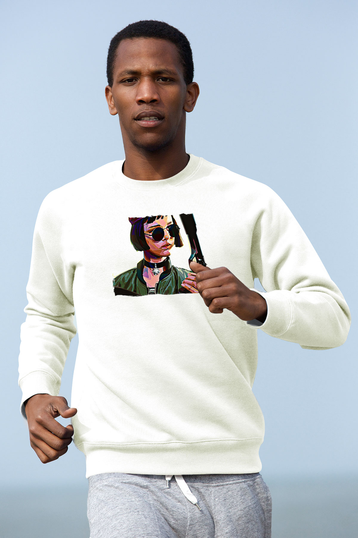 Leon Baskılı Beyaz Unisex Sweatshirt
