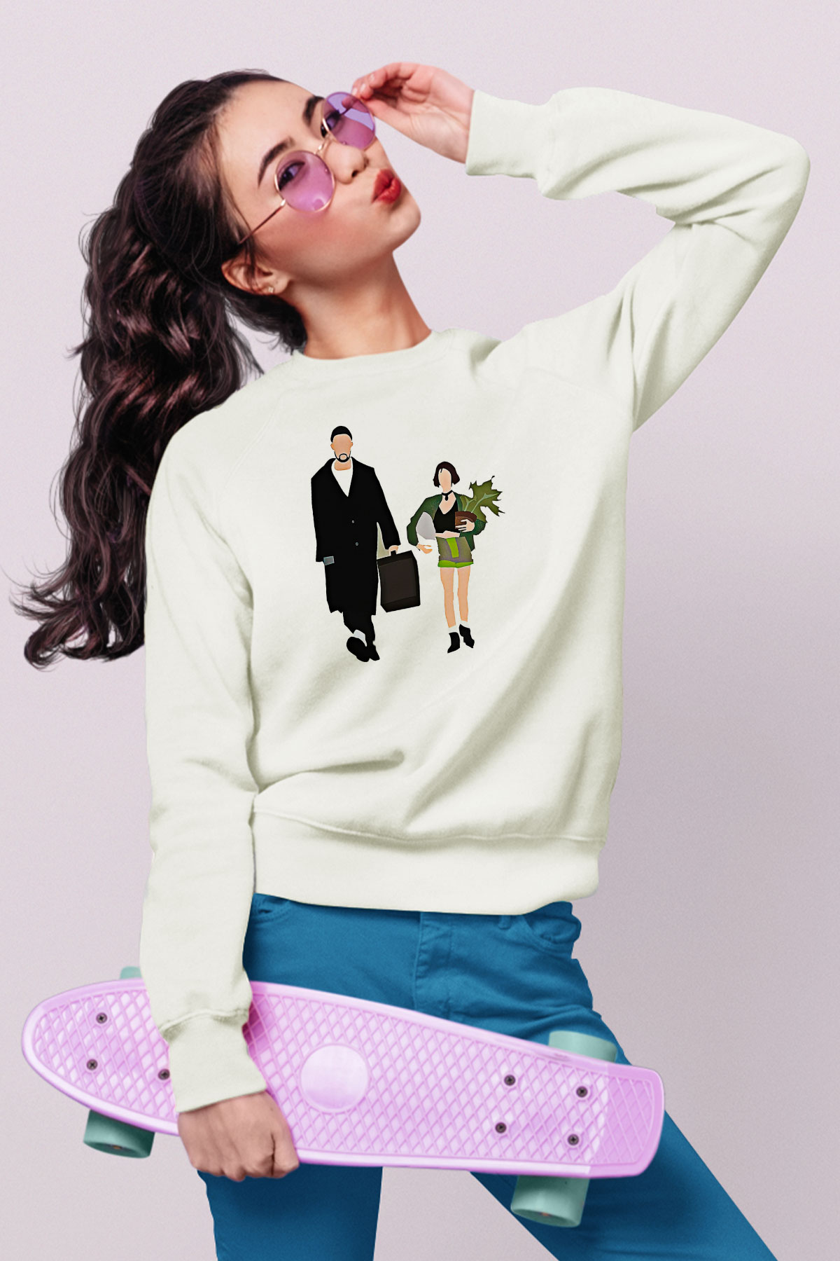 Leon Baskılı Beyaz Unisex Sweatshirt