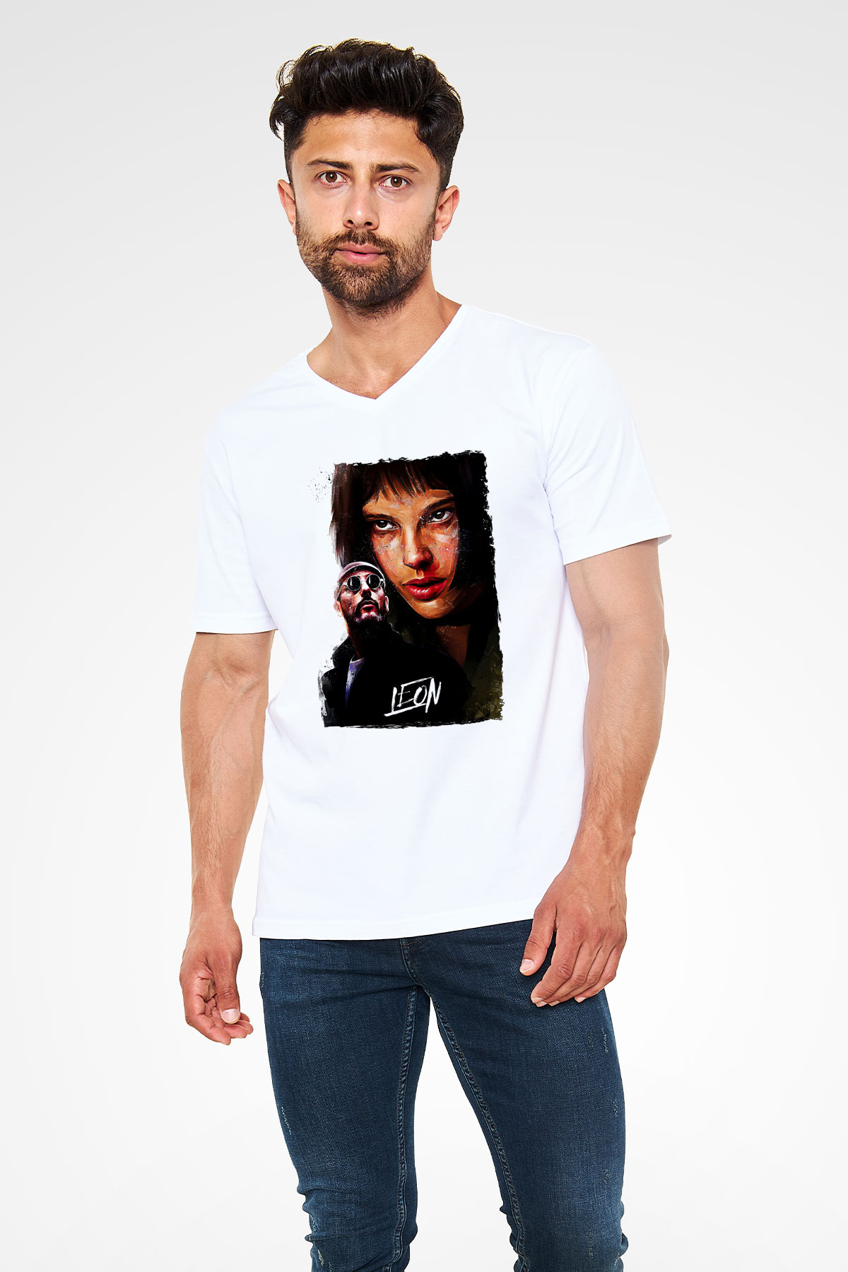Leon Baskılı Beyaz Unisex V Yaka Tişört - Tshirt