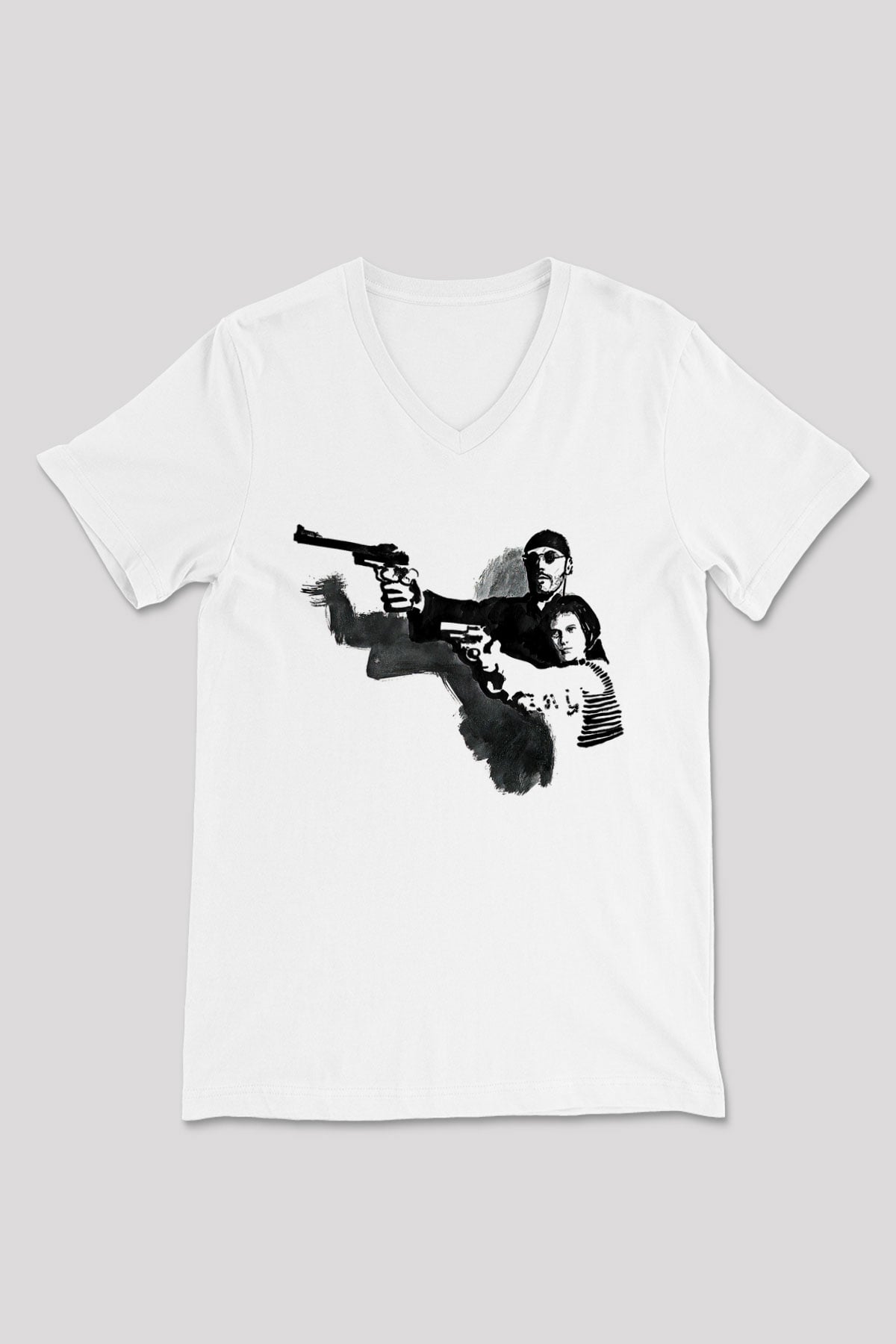 Leon Baskılı Beyaz Unisex V Yaka Tişört - Tshirt