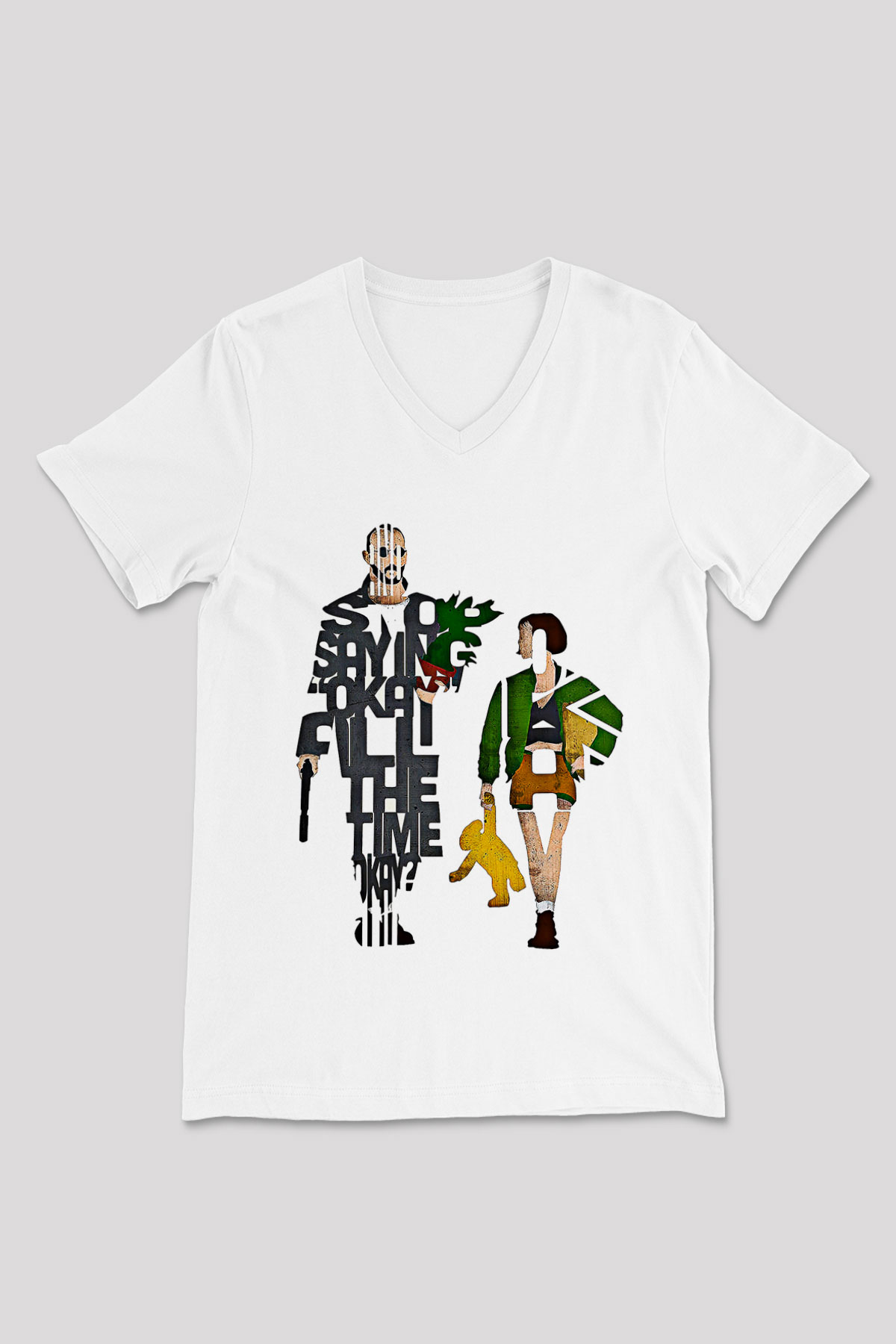 Leon Baskılı Beyaz Unisex V Yaka Tişört - Tshirt