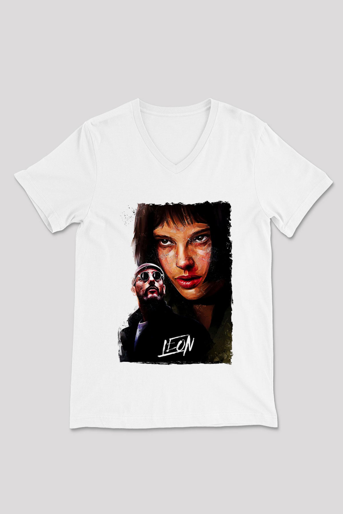 Leon Baskılı Beyaz Unisex V Yaka Tişört - Tshirt