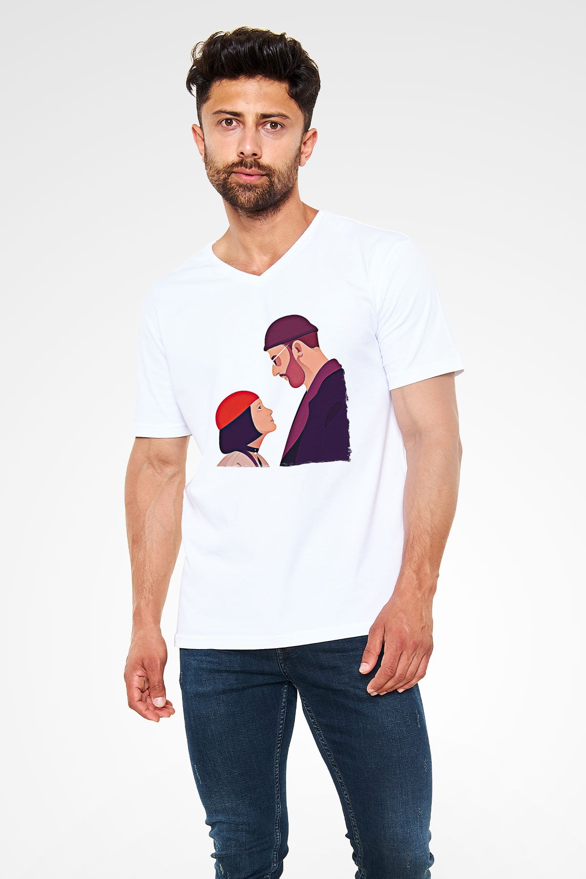 Leon Baskılı Beyaz Unisex V Yaka Tişört - Tshirt