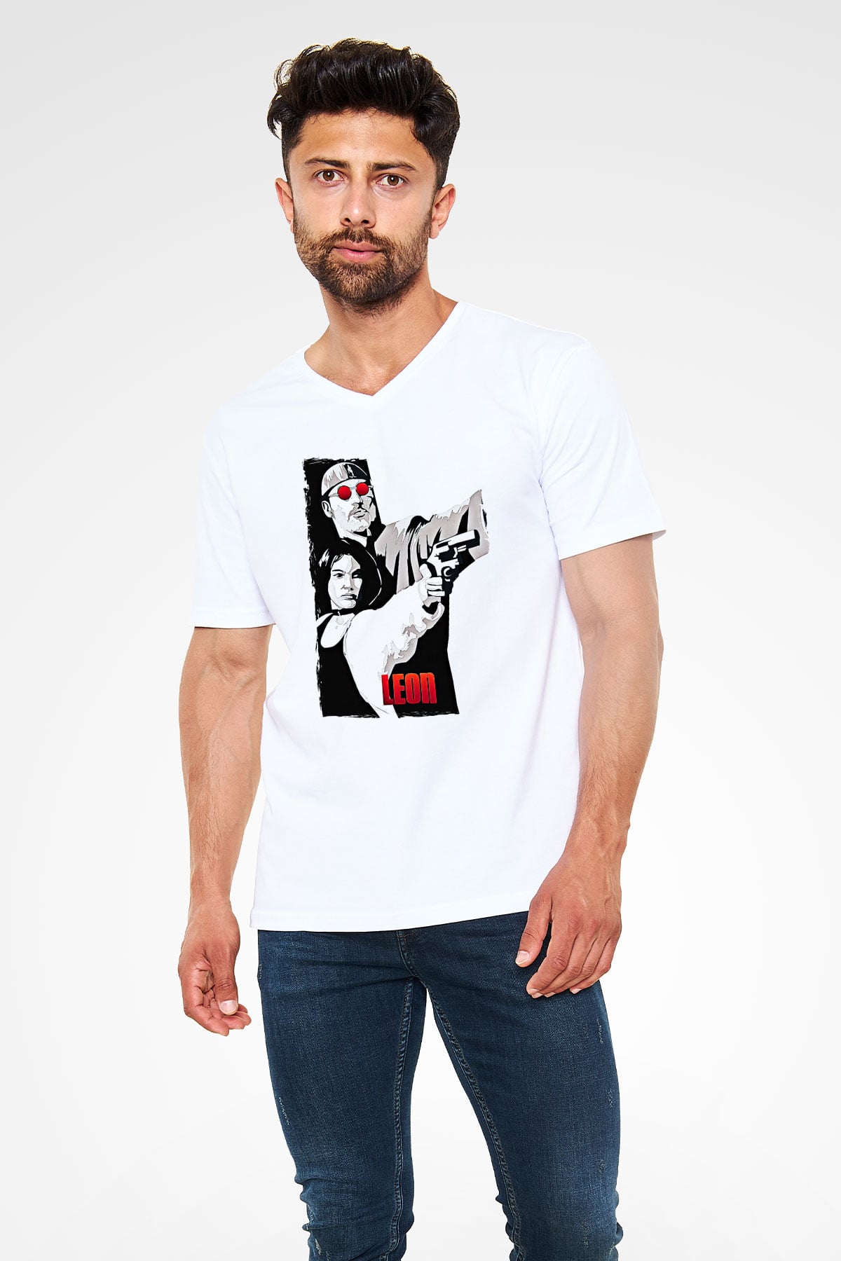 Leon Baskılı Beyaz Unisex V Yaka Tişört - Tshirt