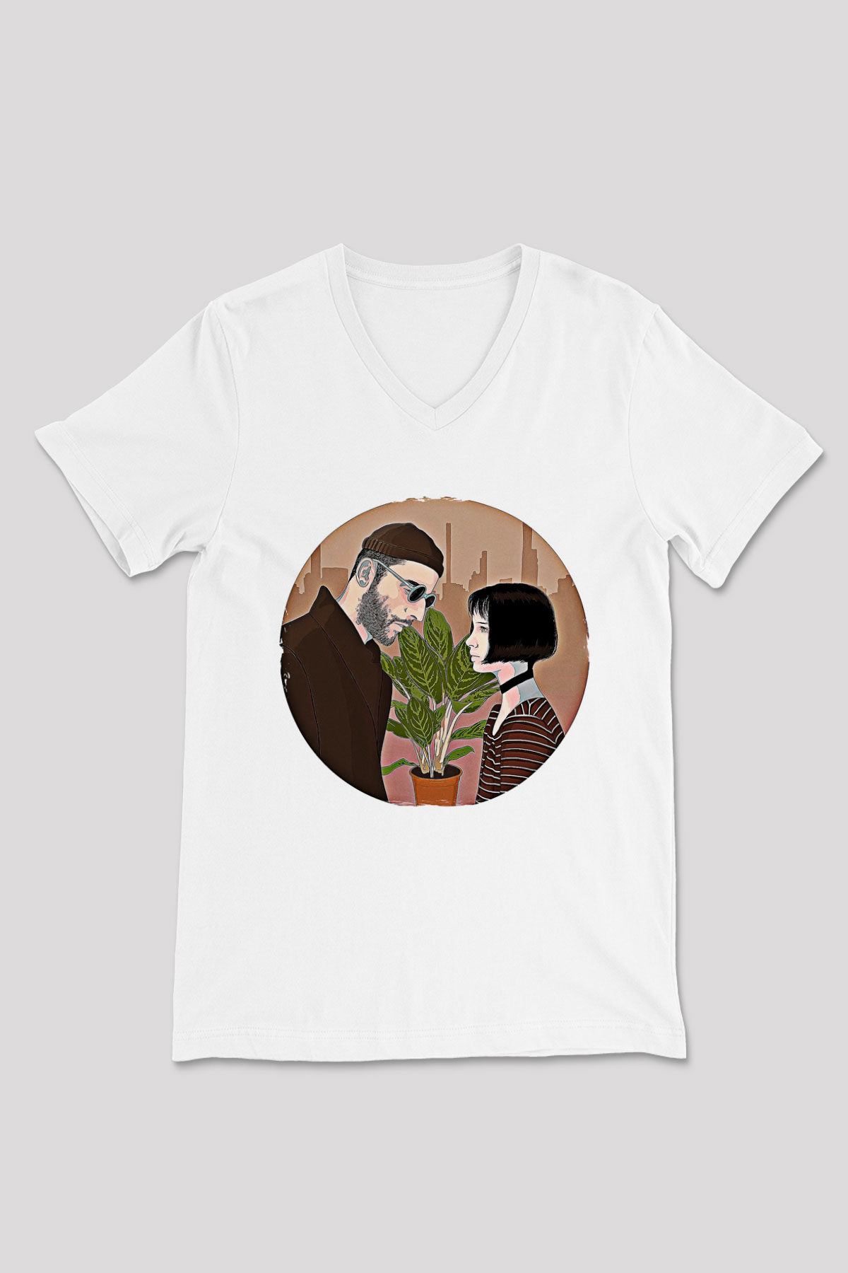 Leon Baskılı Beyaz Unisex V Yaka Tişört - Tshirt