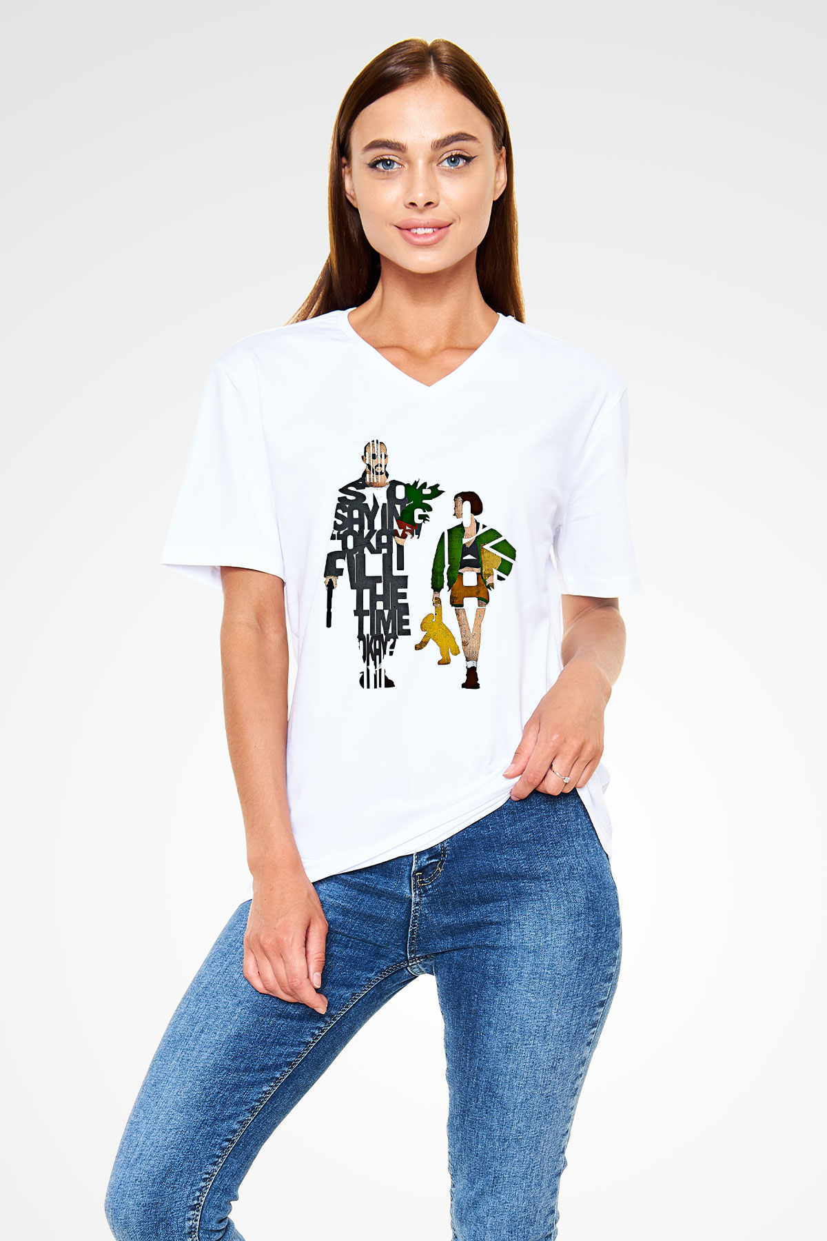Leon Baskılı Beyaz Unisex V Yaka Tişört - Tshirt