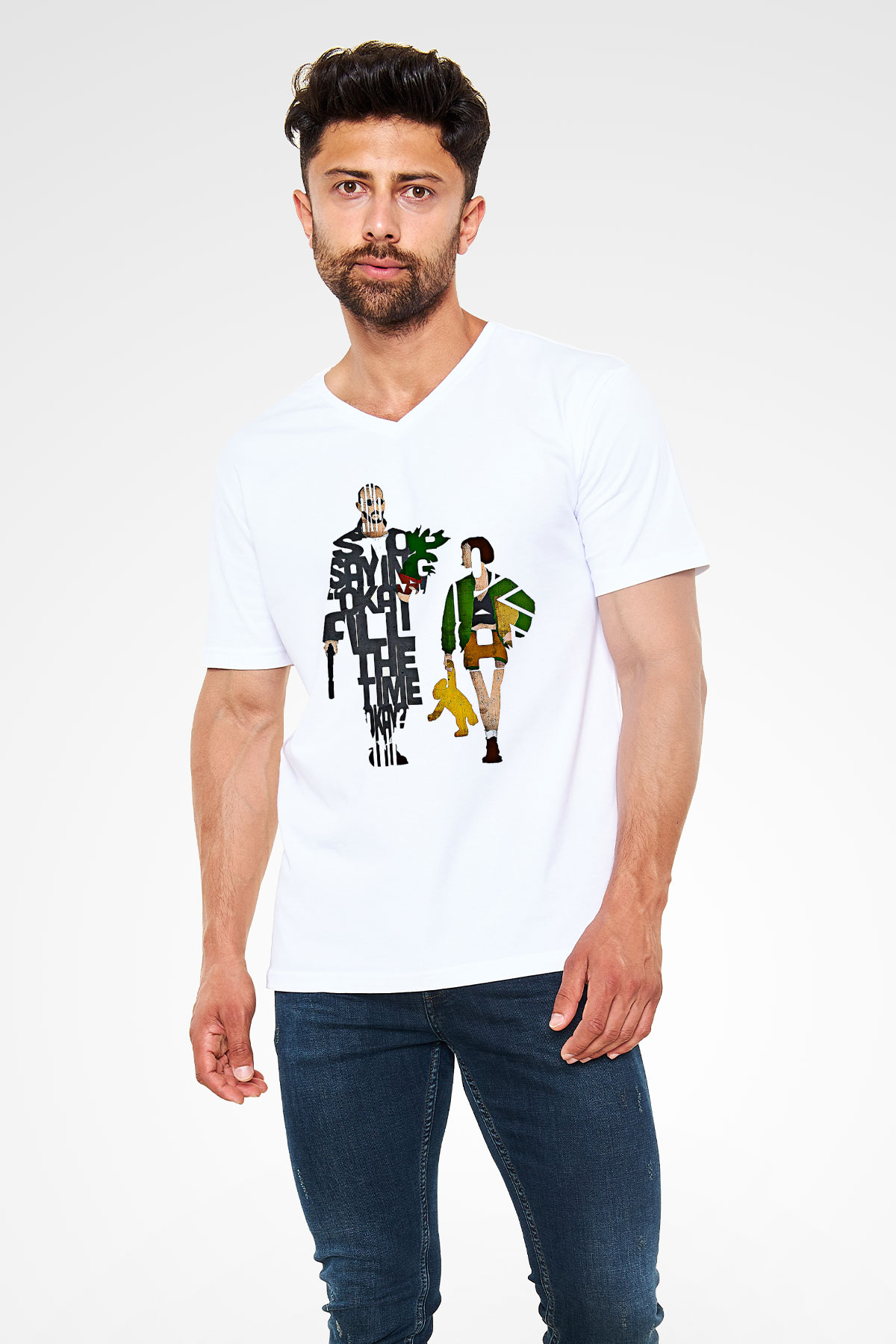 Leon Baskılı Beyaz Unisex V Yaka Tişört - Tshirt