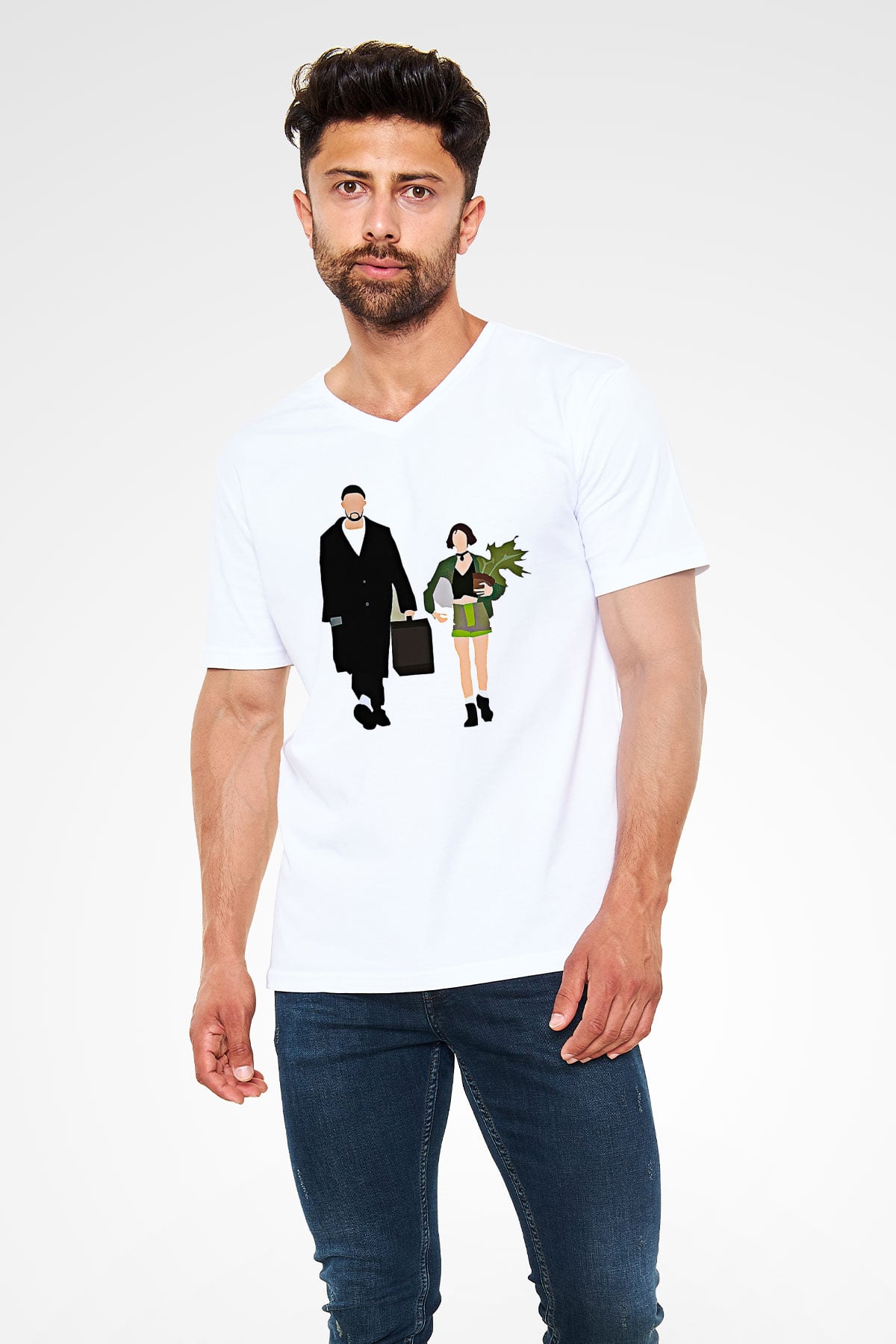 Leon Baskılı Beyaz Unisex V Yaka Tişört - Tshirt