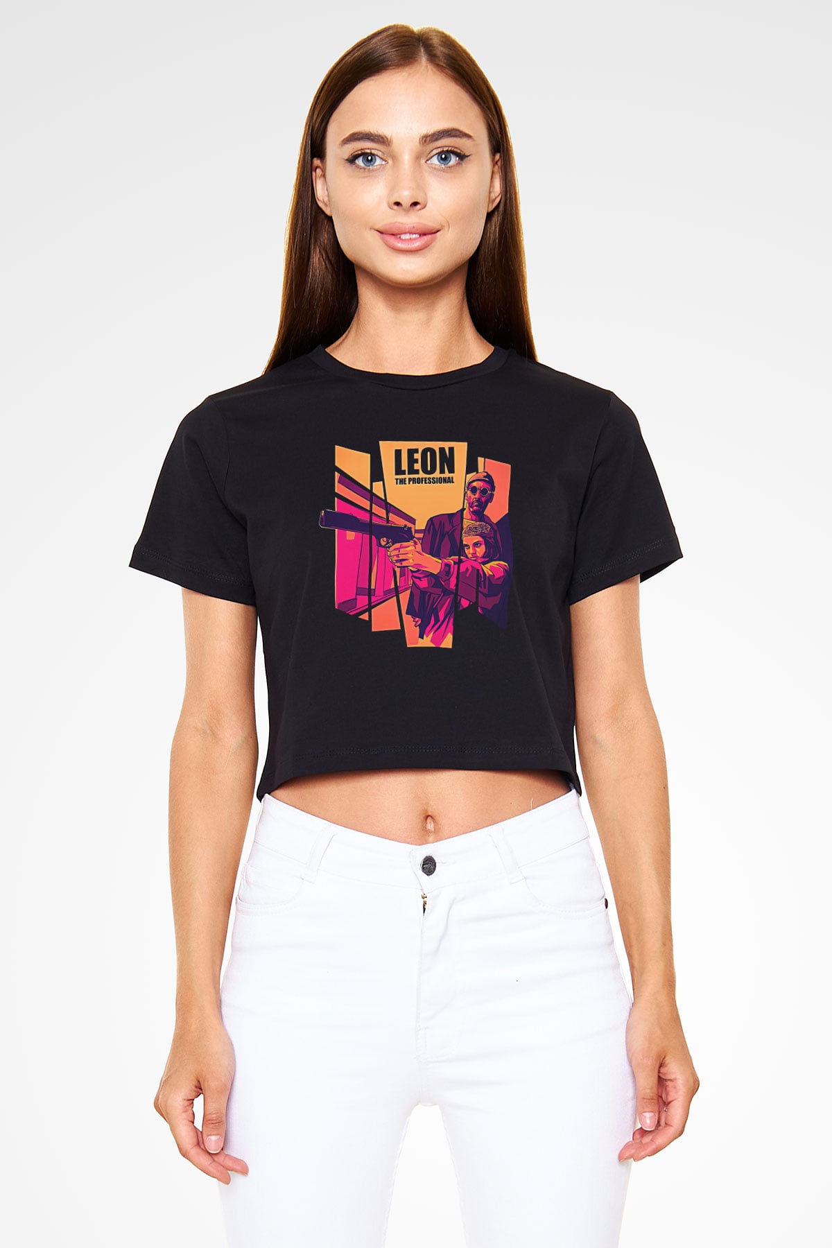 Leon Baskılı Siyah Crop Top Kadın Tişört - Tshirt