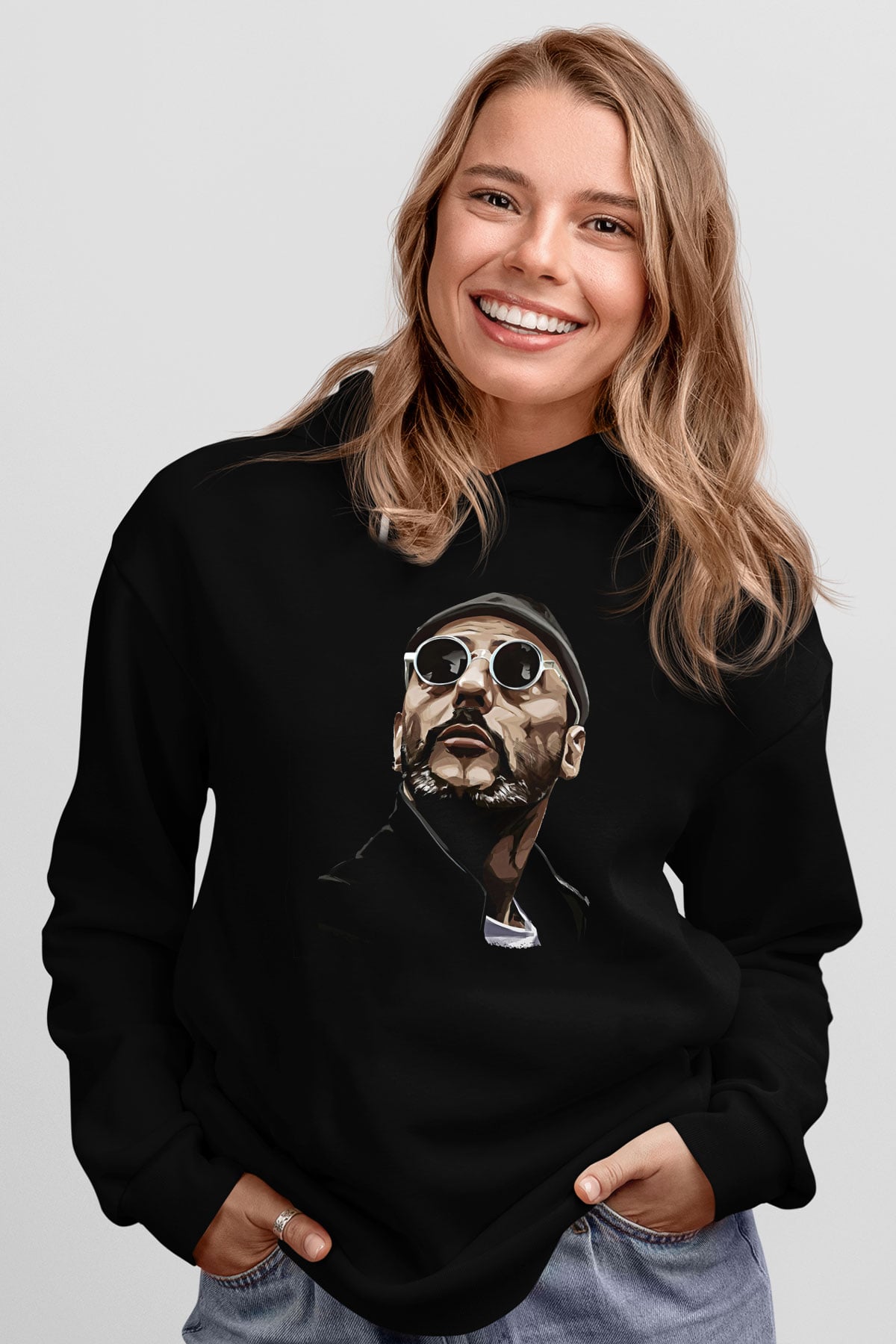 Leon Baskılı Unisex Siyah Hoodie