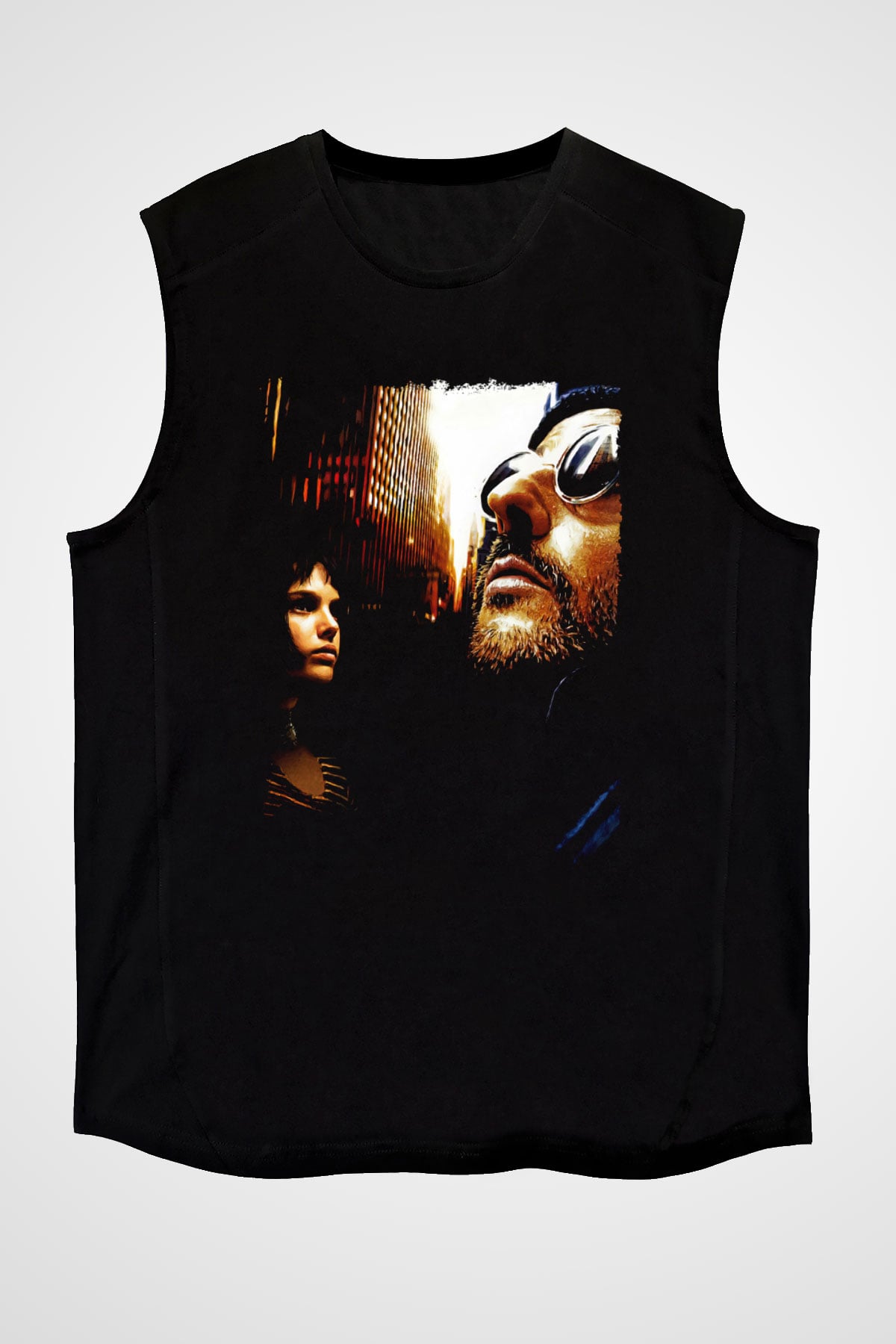 Leon Baskılı Unisex Siyah Kolsuz Tişört - Tshirt