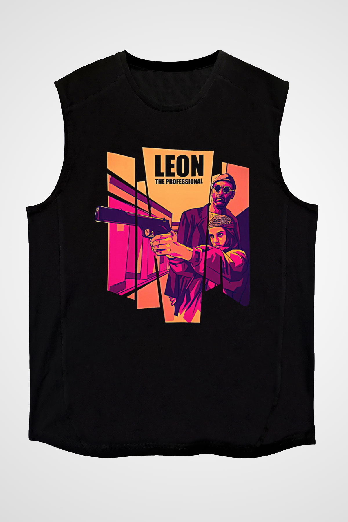Leon Baskılı Unisex Siyah Kolsuz Tişört - Tshirt
