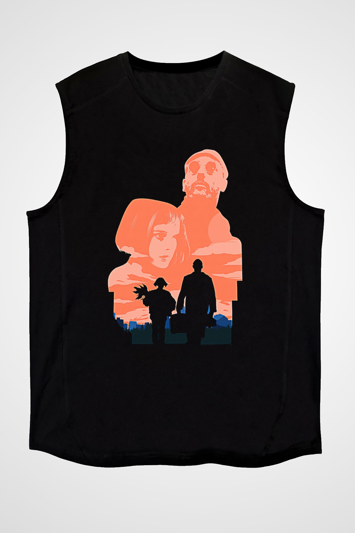 Leon Baskılı Unisex Siyah Kolsuz Tişört - Tshirt