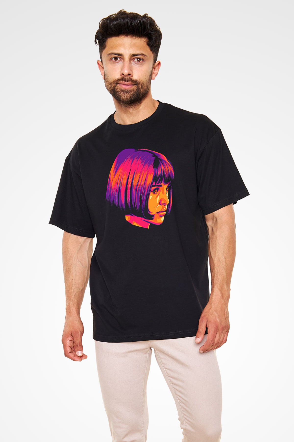 Leon Baskılı Unisex Siyah Oversize Tişört - Tshirt
