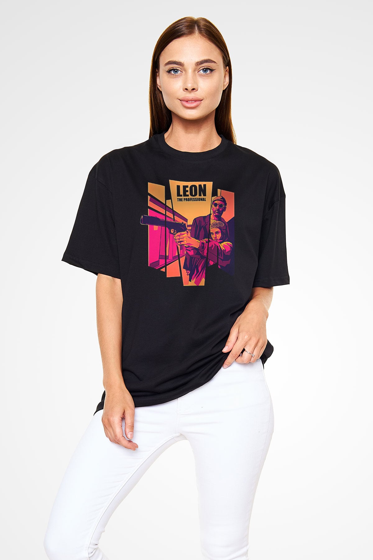 Leon Baskılı Unisex Siyah Oversize Tişört - Tshirt