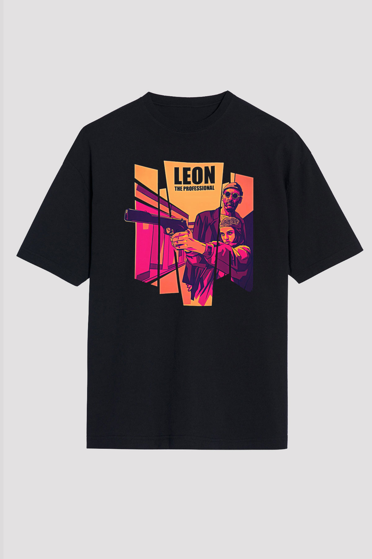 Leon Baskılı Unisex Siyah Oversize Tişört - Tshirt