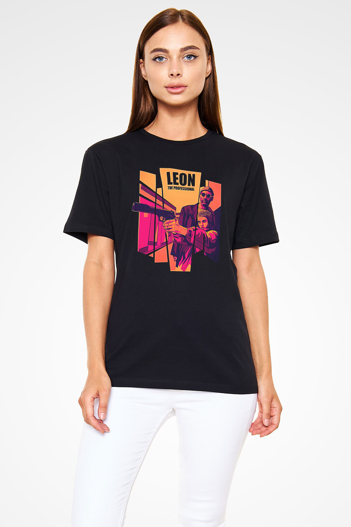 Leon Baskılı Unisex Siyah Tişört - Tshirt