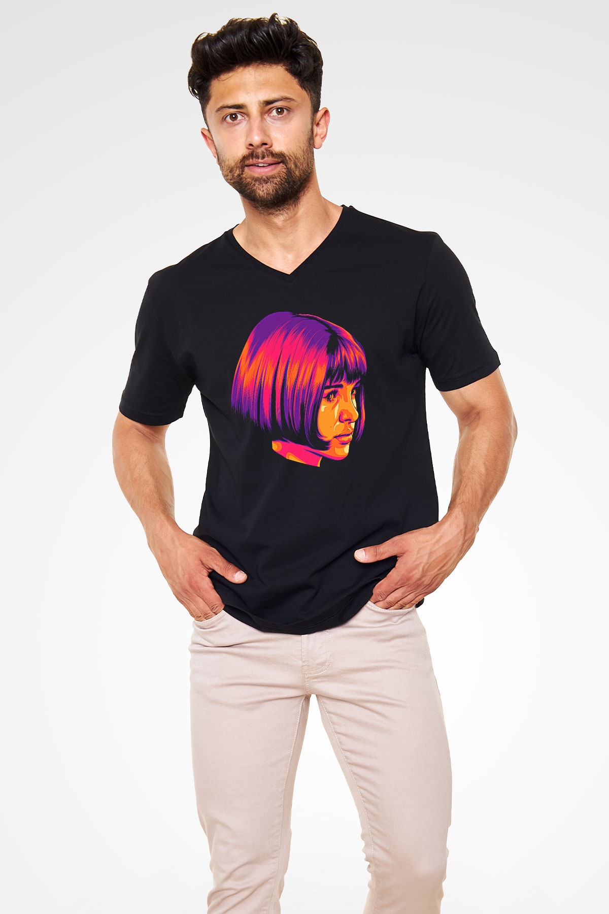 Leon Baskılı Unisex Siyah V Yaka Tişört - Tshirt