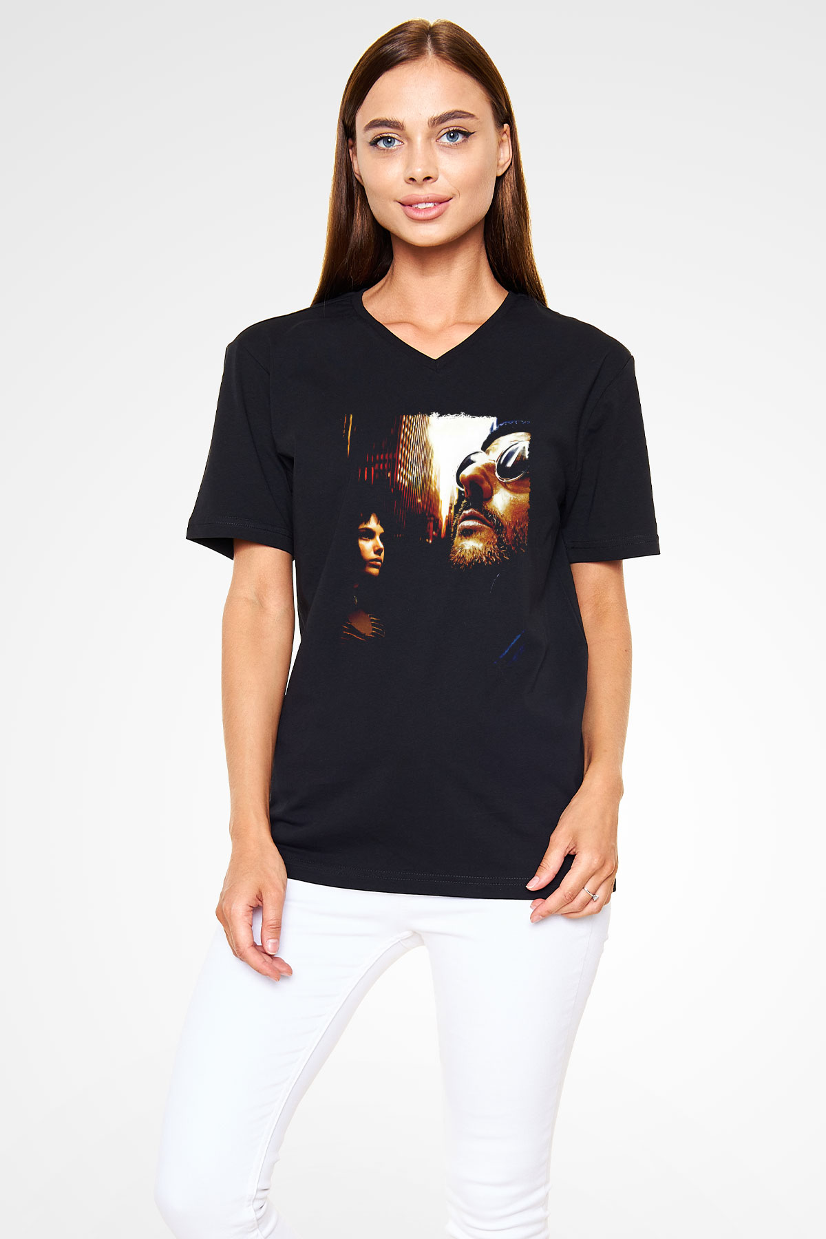 Leon Baskılı Unisex Siyah V Yaka Tişört - Tshirt