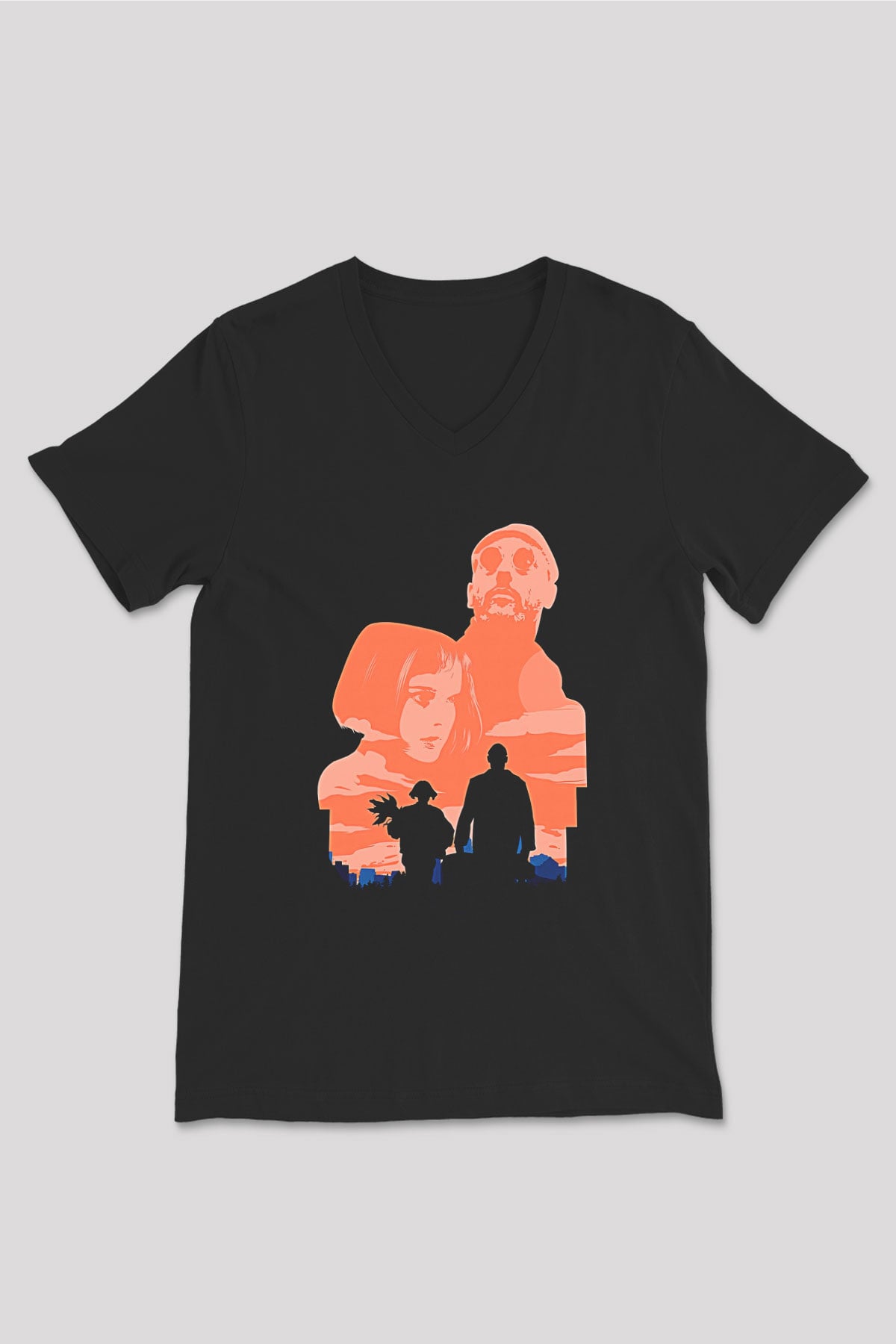 Leon Baskılı Unisex Siyah V Yaka Tişört - Tshirt