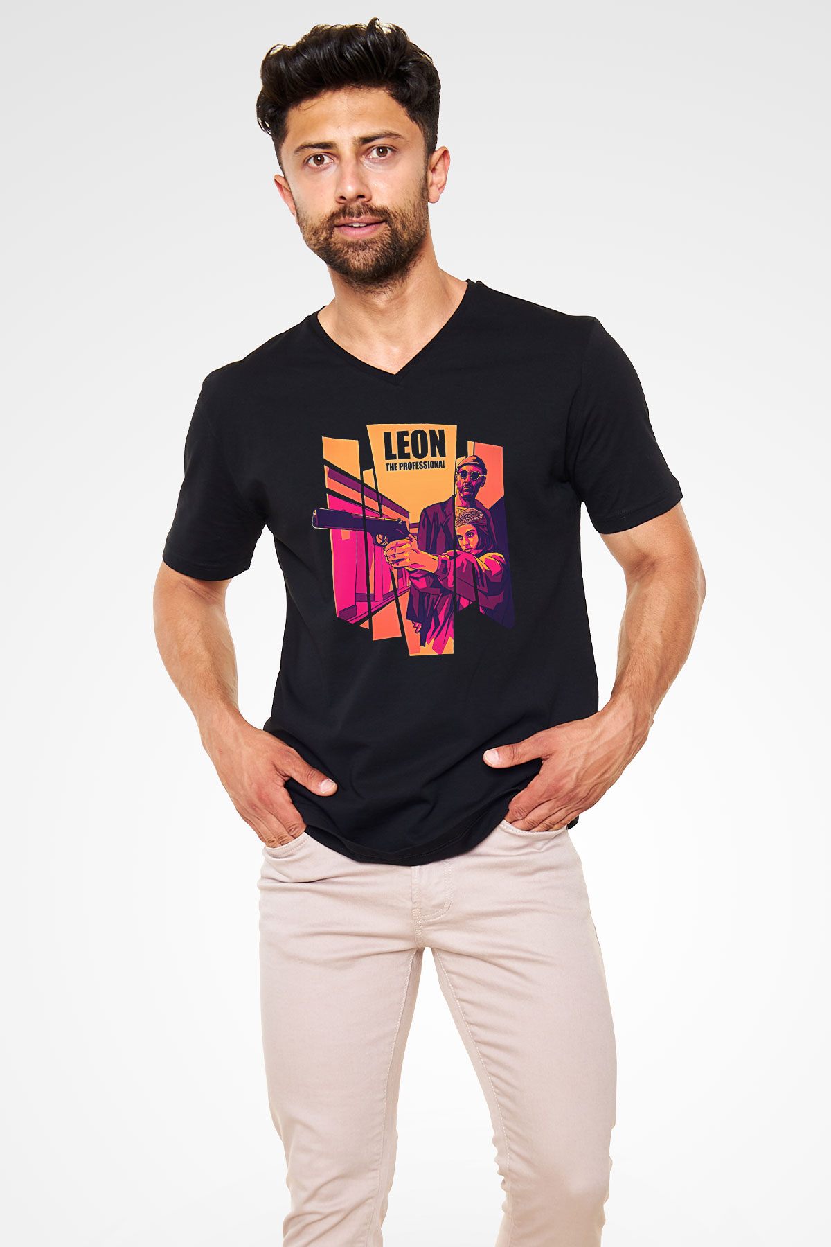 Leon Baskılı Unisex Siyah V Yaka Tişört - Tshirt