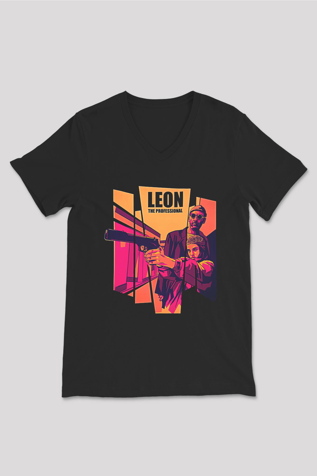 Leon Baskılı Unisex Siyah V Yaka Tişört - Tshirt