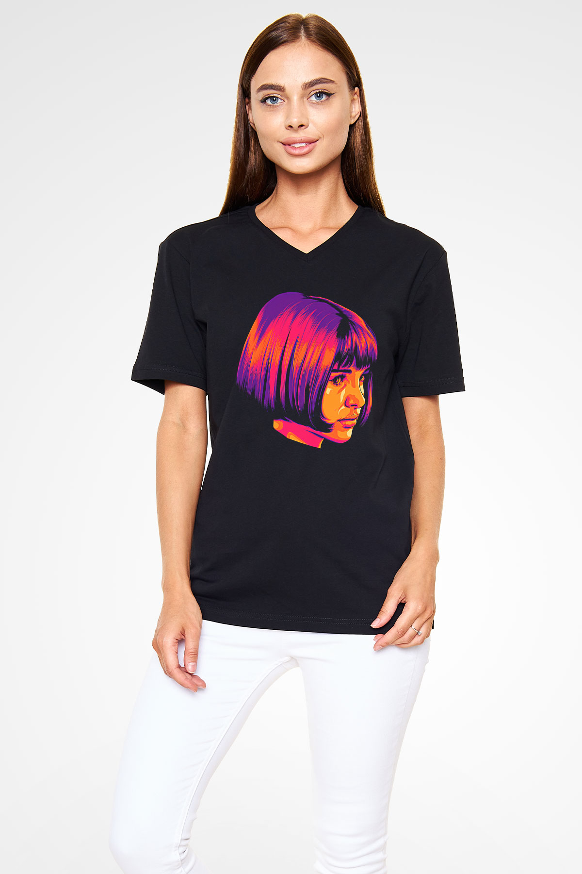Leon Baskılı Unisex Siyah V Yaka Tişört - Tshirt