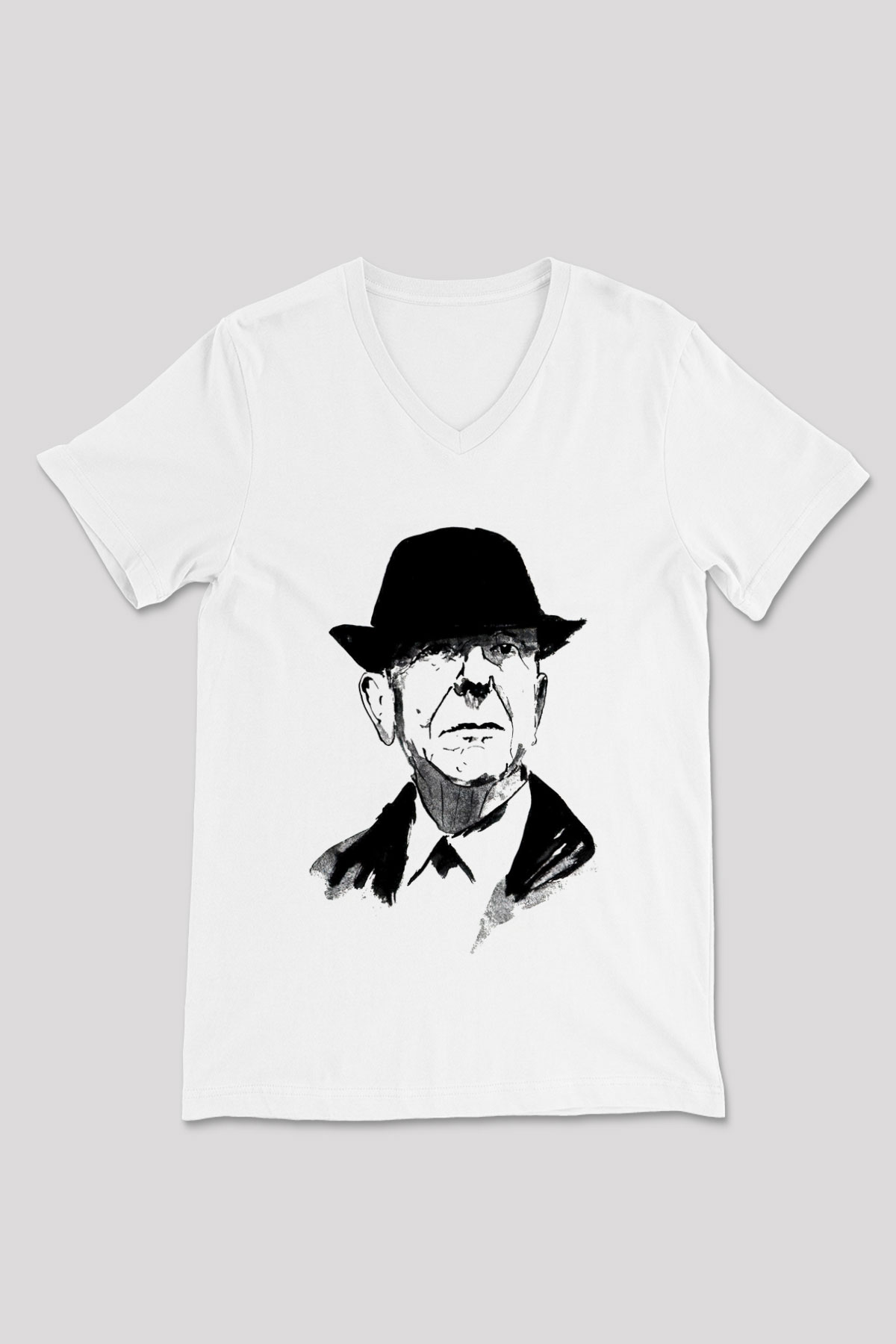 Leonard Cohen Baskılı Beyaz Unisex V Yaka Tişört - Tshirt