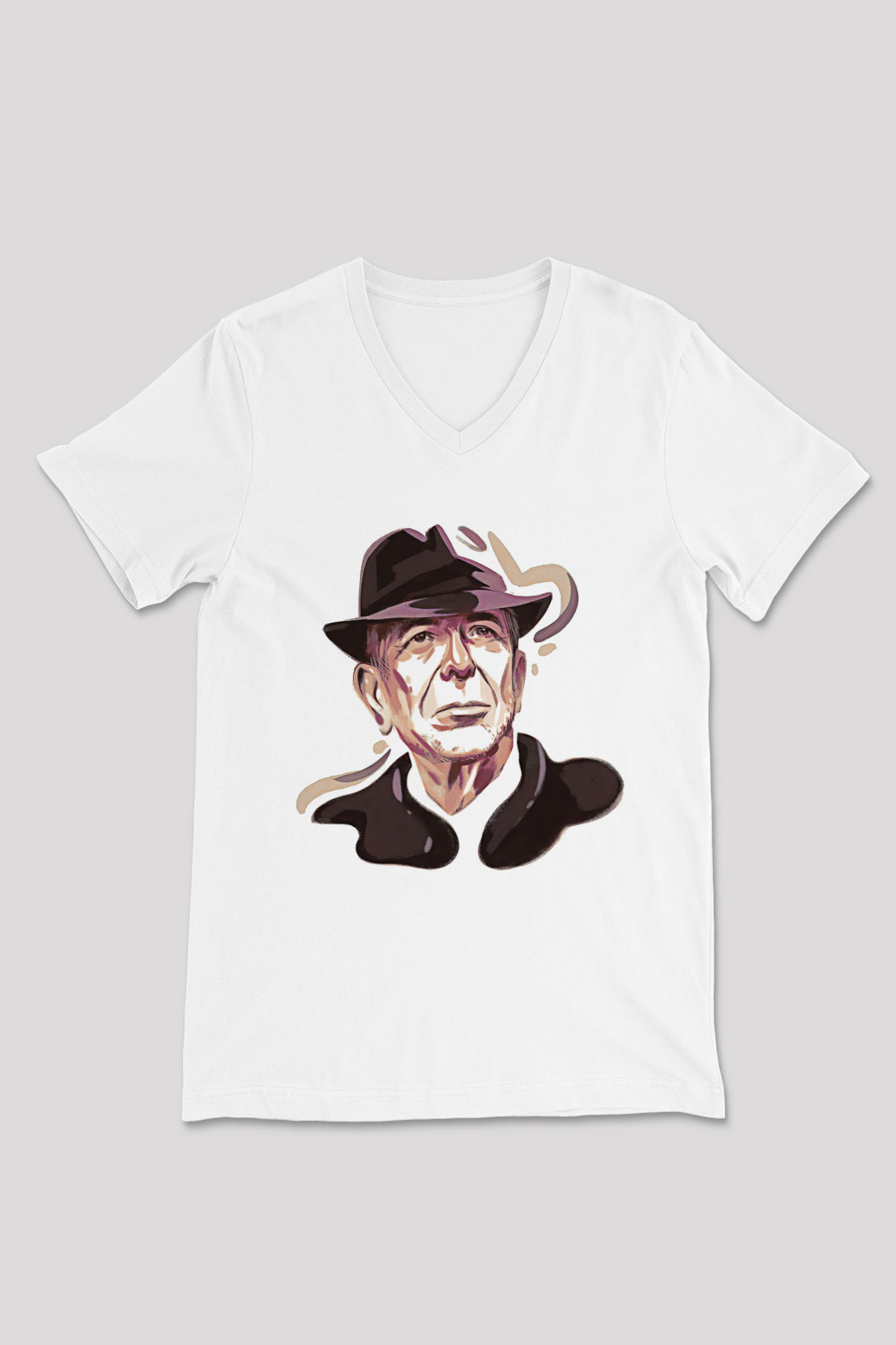 Leonard Cohen Baskılı Beyaz Unisex V Yaka Tişört - Tshirt