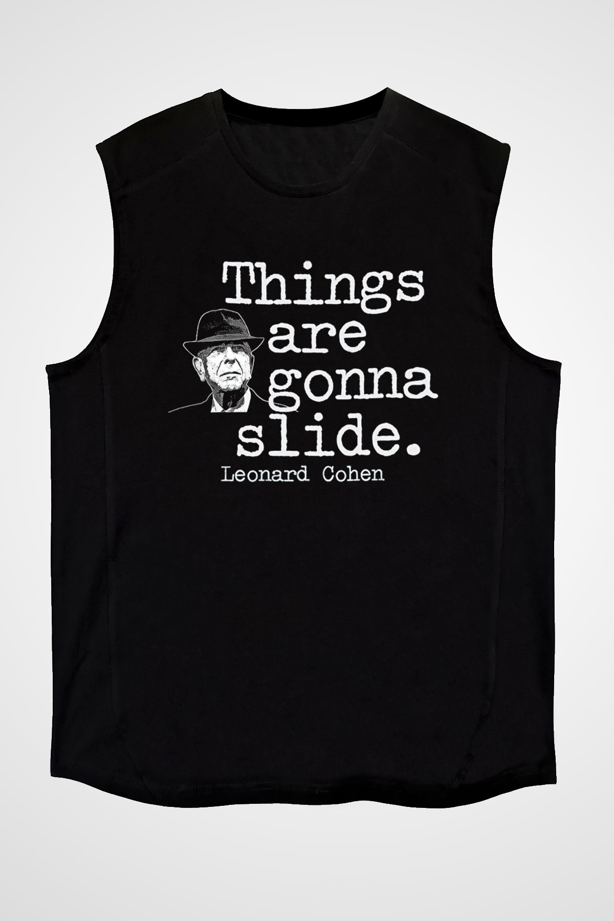 Leonard Cohen Baskılı Unisex Siyah Kolsuz Tişört - Tshirt