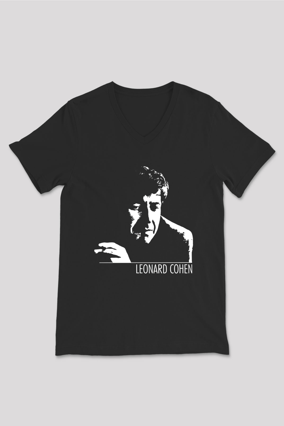 Leonard Cohen Baskılı Unisex Siyah V Yaka Tişört - Tshirt