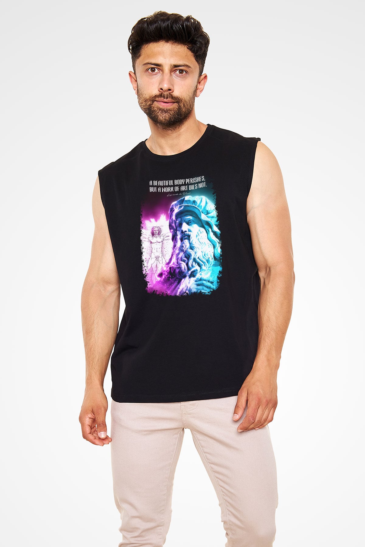 Leonardo Da Vinci Alıntı Baskılı Unisex Kolsuz Siyah Tişört - Tshirt