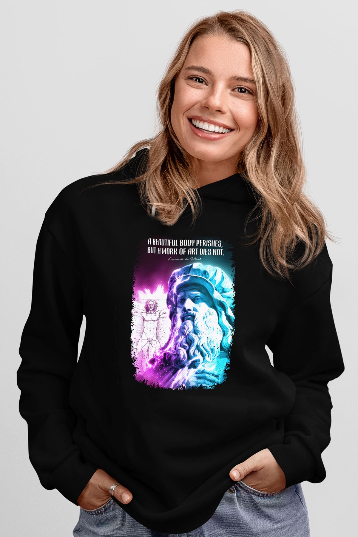 Leonardo Da Vinci Alıntı Baskılı Unisex Siyah Hoodie