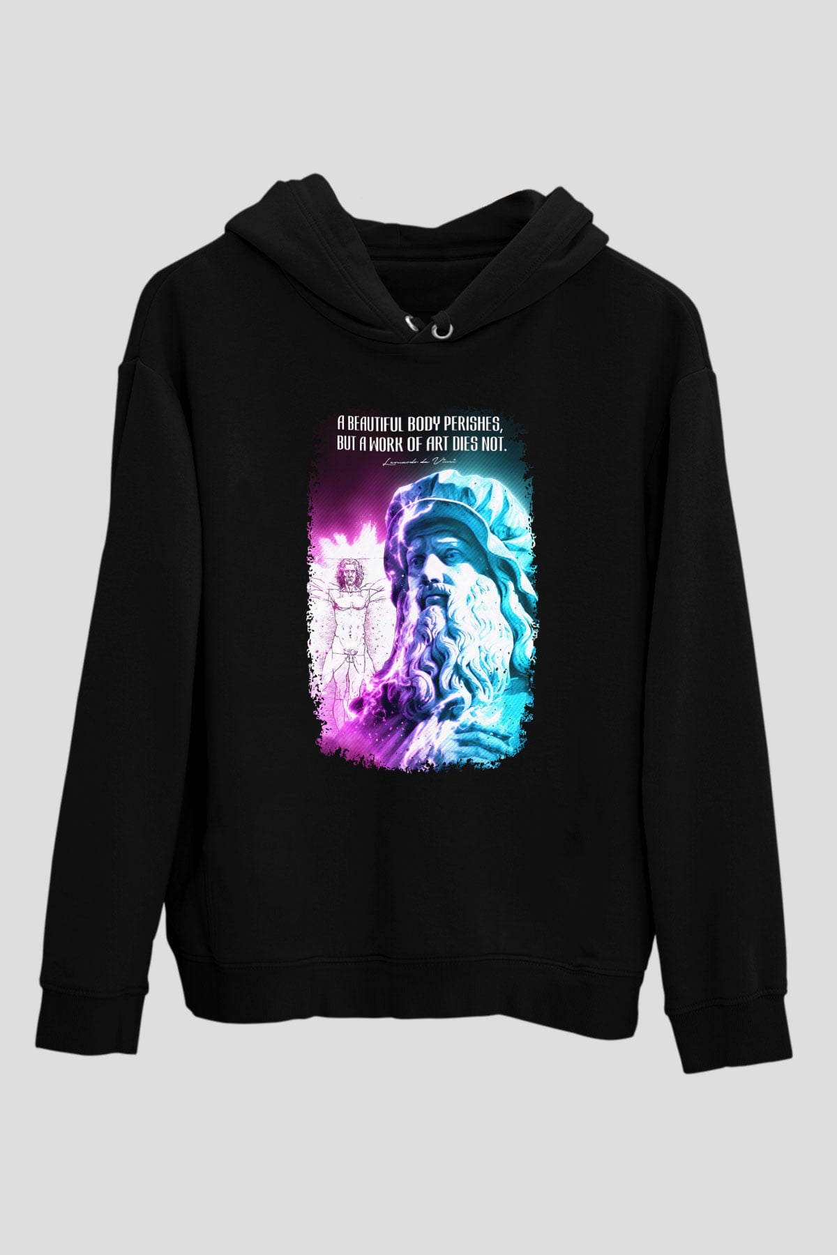 Leonardo Da Vinci Alıntı Baskılı Unisex Siyah Hoodie