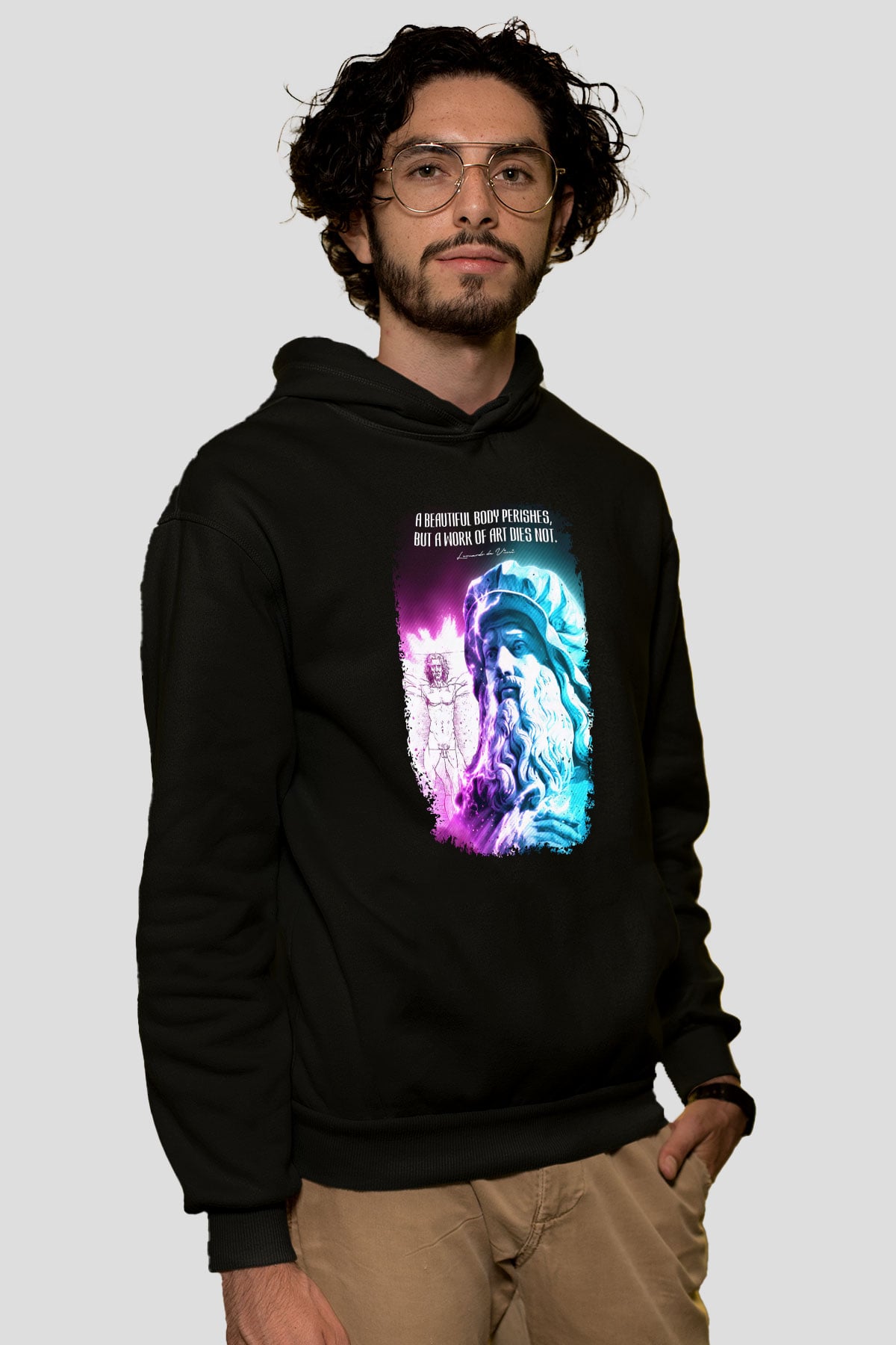 Leonardo Da Vinci Alıntı Baskılı Unisex Siyah Hoodie