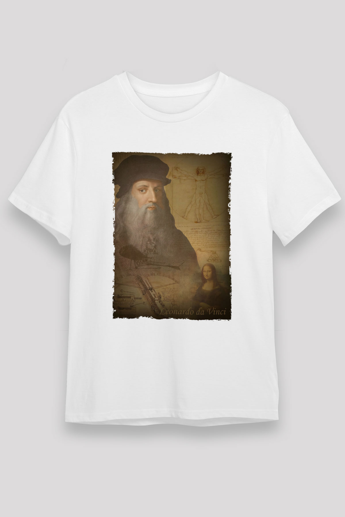 Leonardo da Vinci Baskılı Unisex Beyaz Tişört - Tshirt