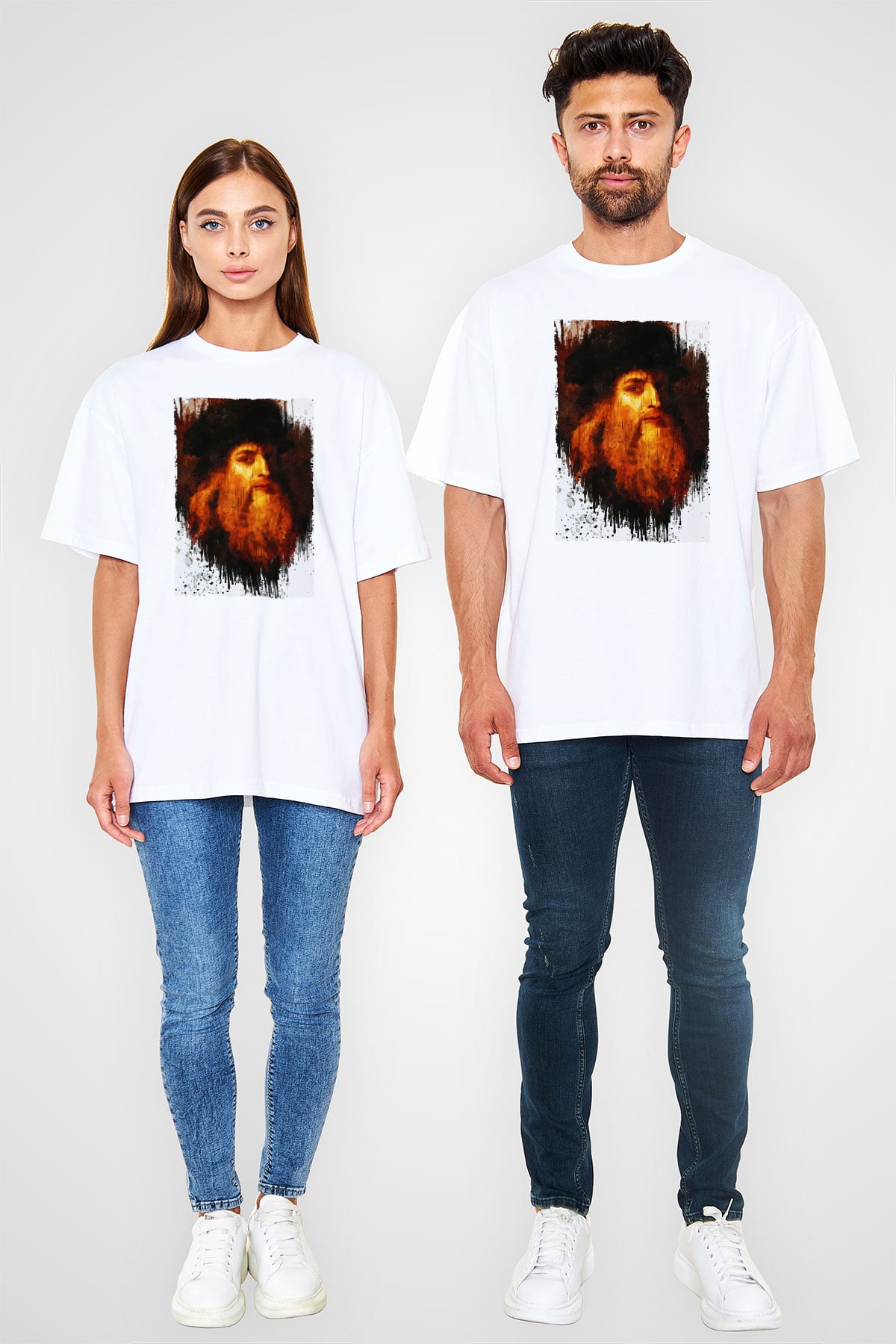 Leonardo da Vinci Portre Baskılı Unisex Oversize Beyaz Tişört - Tshirt