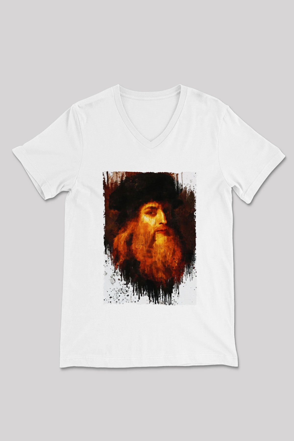 Leonardo da Vinci Portre Baskılı Unisex V Yaka Beyaz Tişört - Tshirt