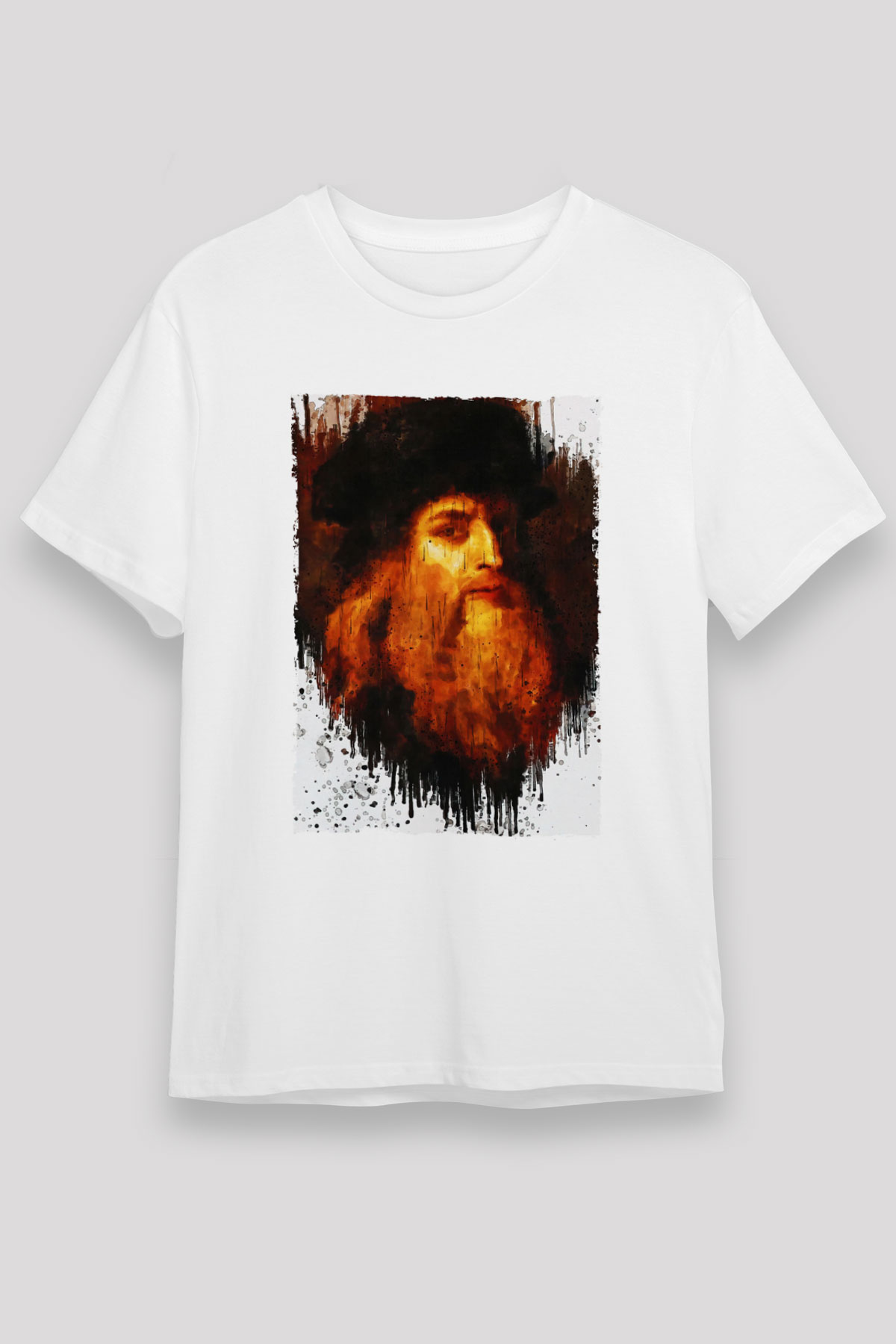 Leonardo da Vinci Portre Baskılı Unisex Beyaz Tişört - Tshirt