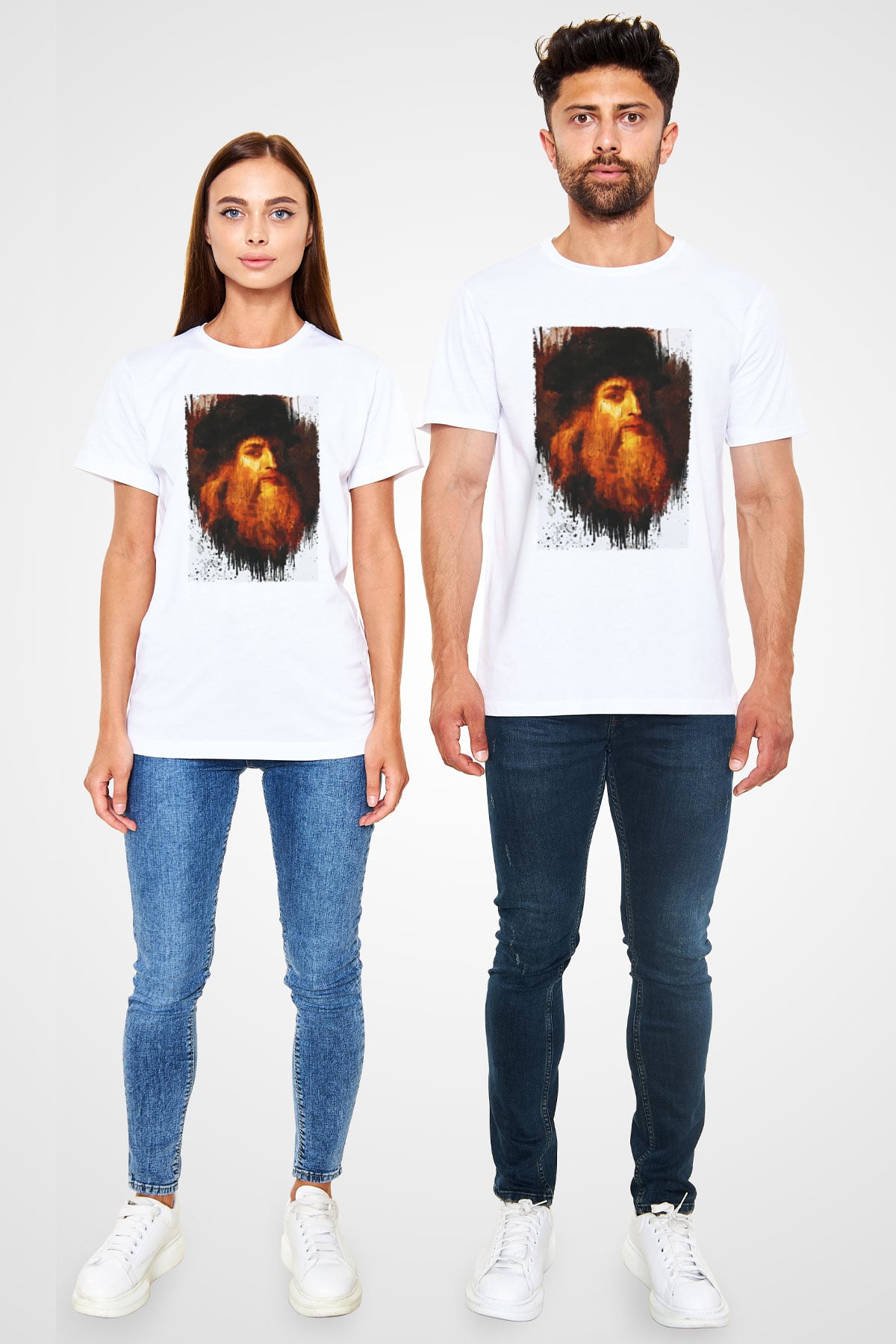 Leonardo da Vinci Portre Baskılı Unisex Beyaz Tişört - Tshirt