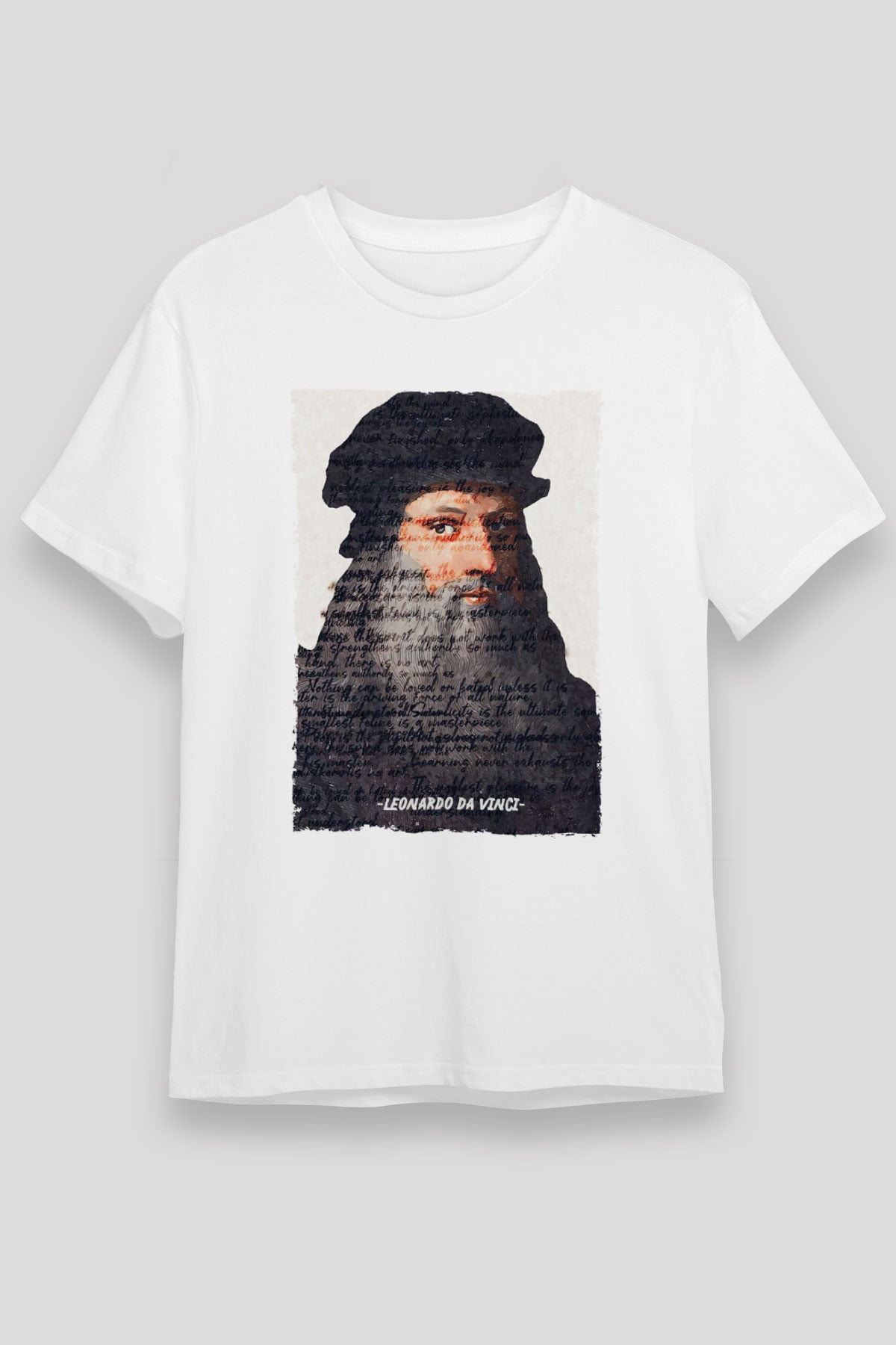 Leonardo Da Vinci Yazılı Portre Baskılı Unisex Beyaz Tişört - Tshirt