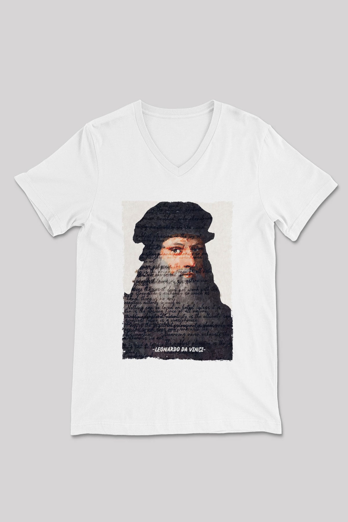 Leonardo Da Vinci Yazılı Portre Baskılı Unisex V Yaka Beyaz Tişört - Tshirt