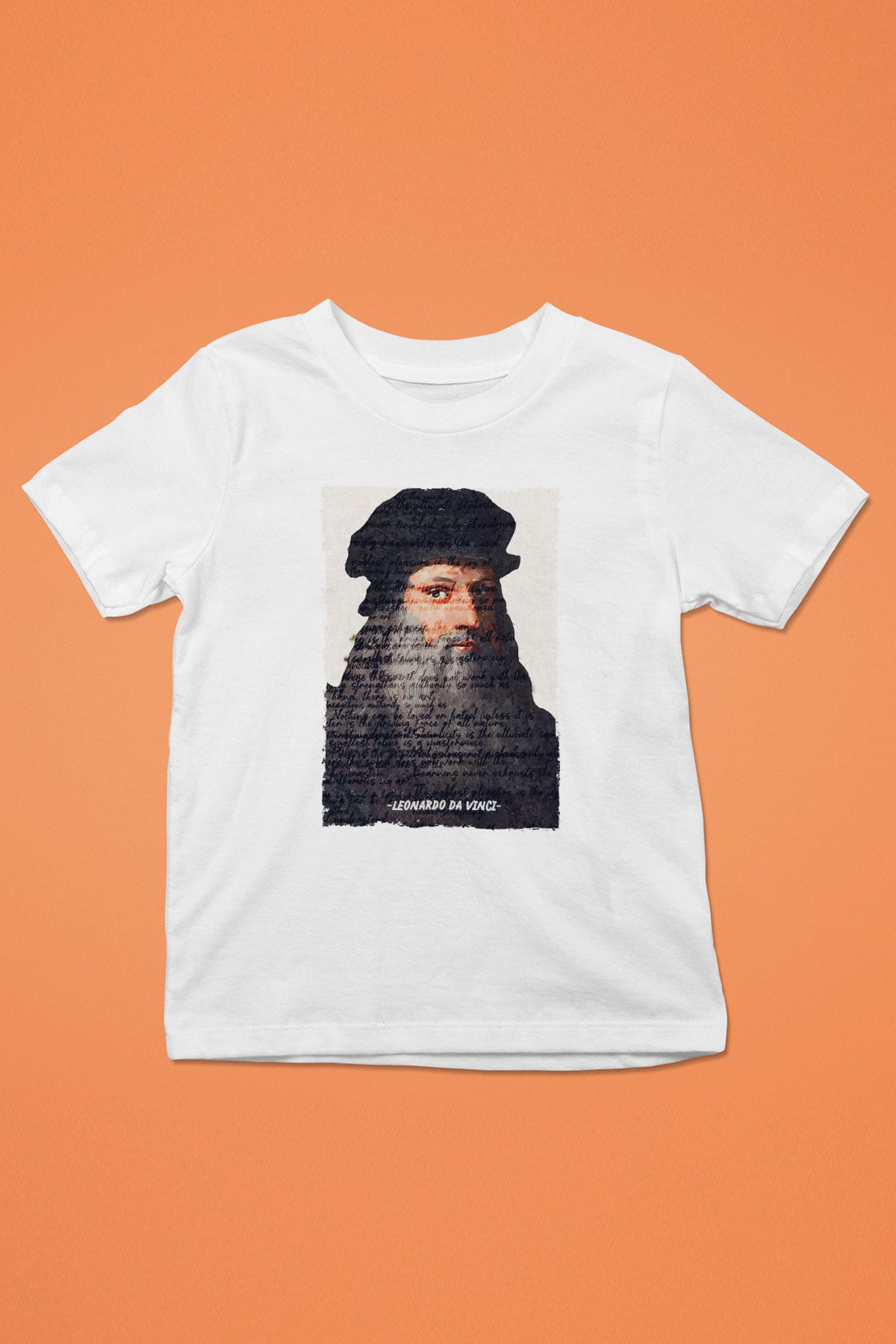 Leonardo Da Vinci Yazılı Portre Baskılı Unisex Beyaz Çocuk Tişörtü - Tshirt