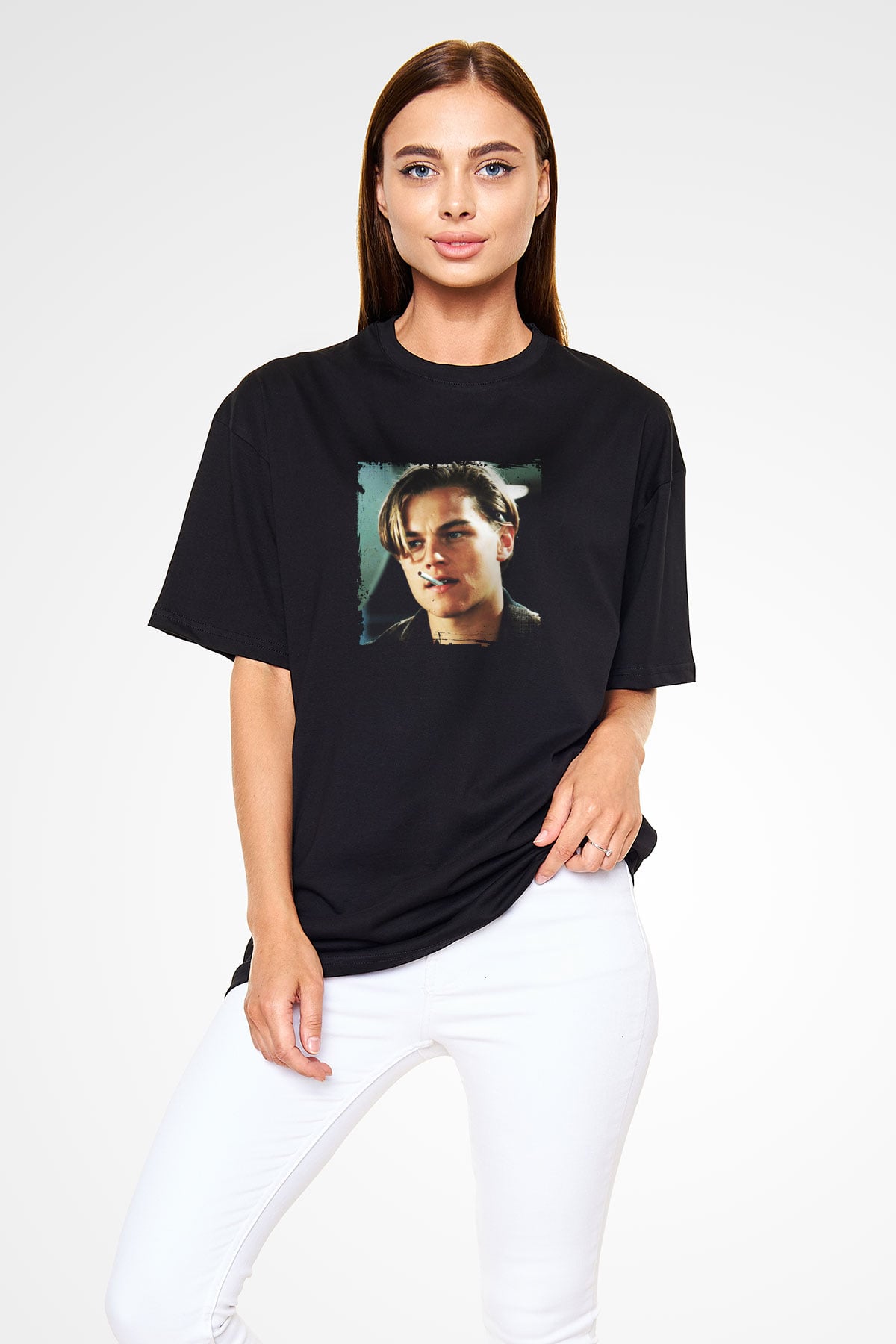 Leonardo DiCaprio Baskılı Unisex Siyah Oversize Tişört