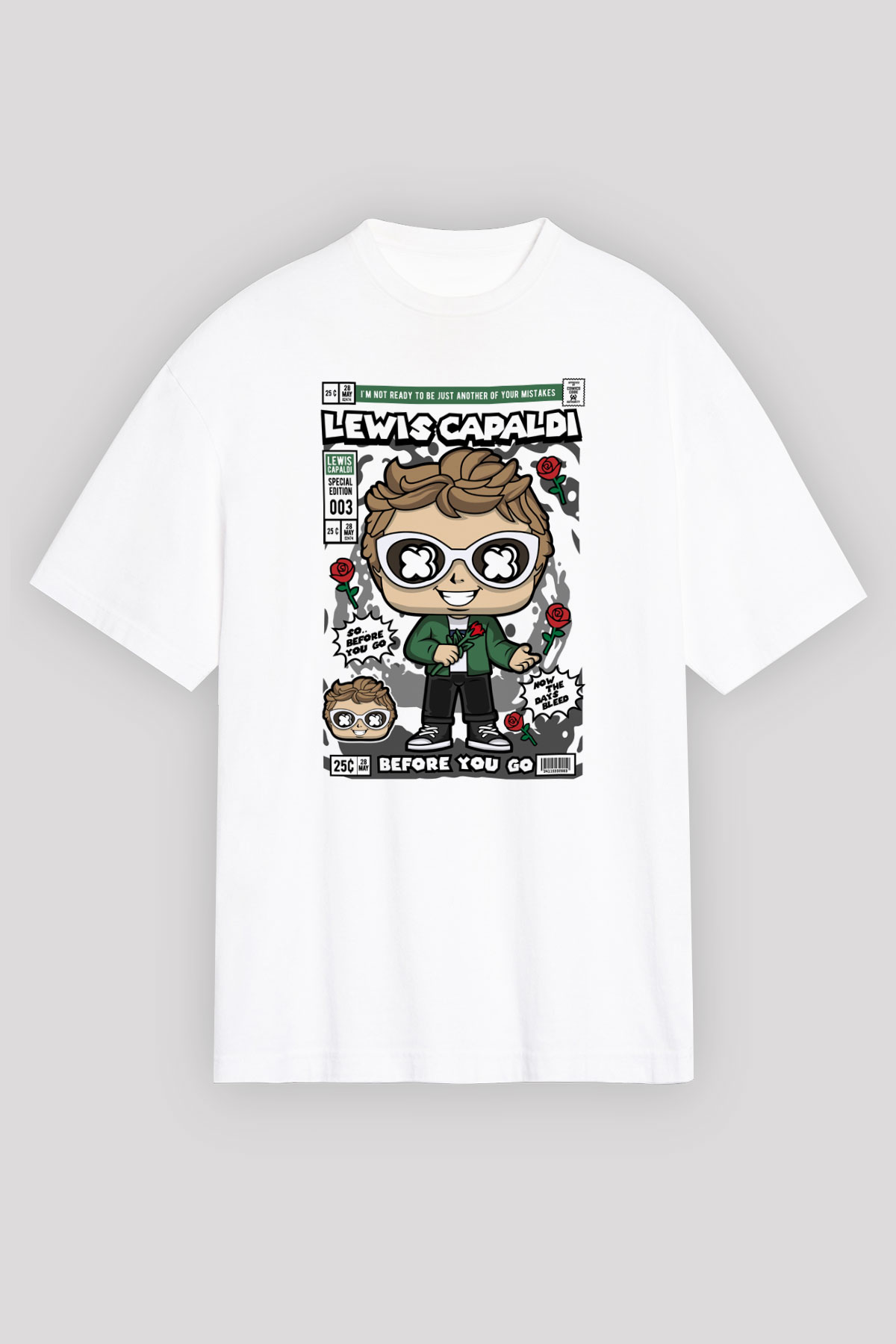 Lewis Capaldi  Baskılı Unisex Beyaz Oversize Tişört