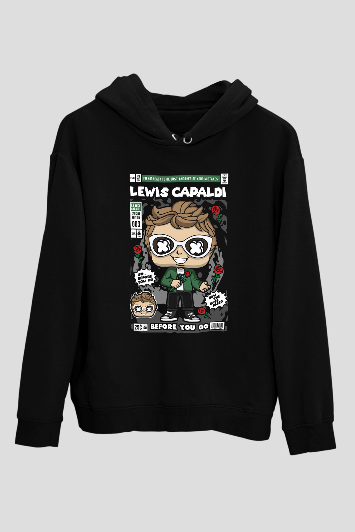 Lewis Capaldi Baskılı Unisex Siyah Hoodie