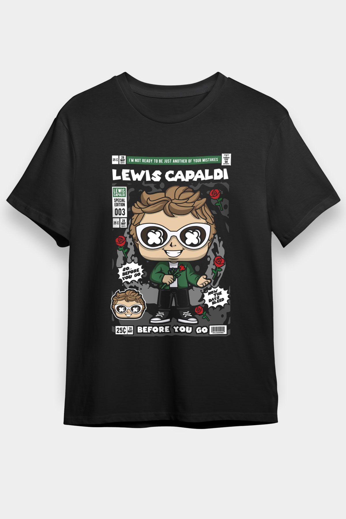 Lewis Capaldi Baskılı Unisex Siyah Tişört